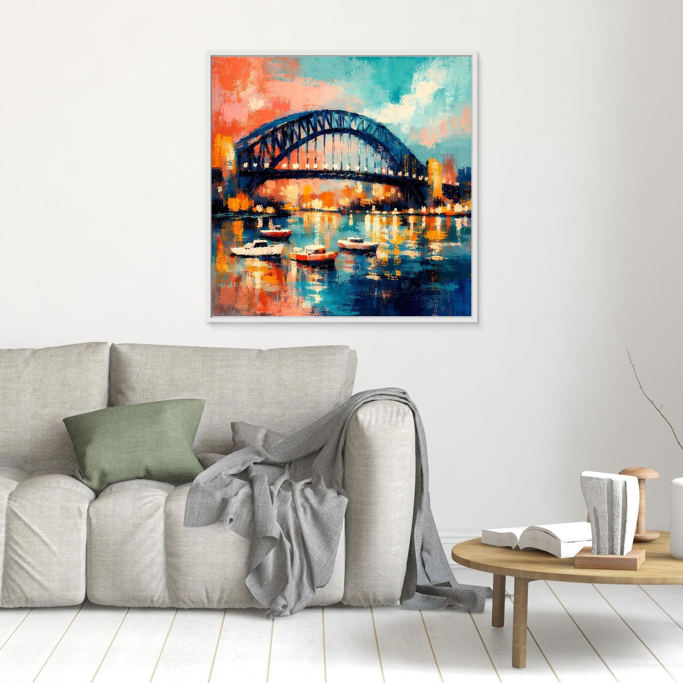 Kleines Leinwandbild der Sydney Harbour Bridge mit Booten, abstrakt, mit hellem Rahmen