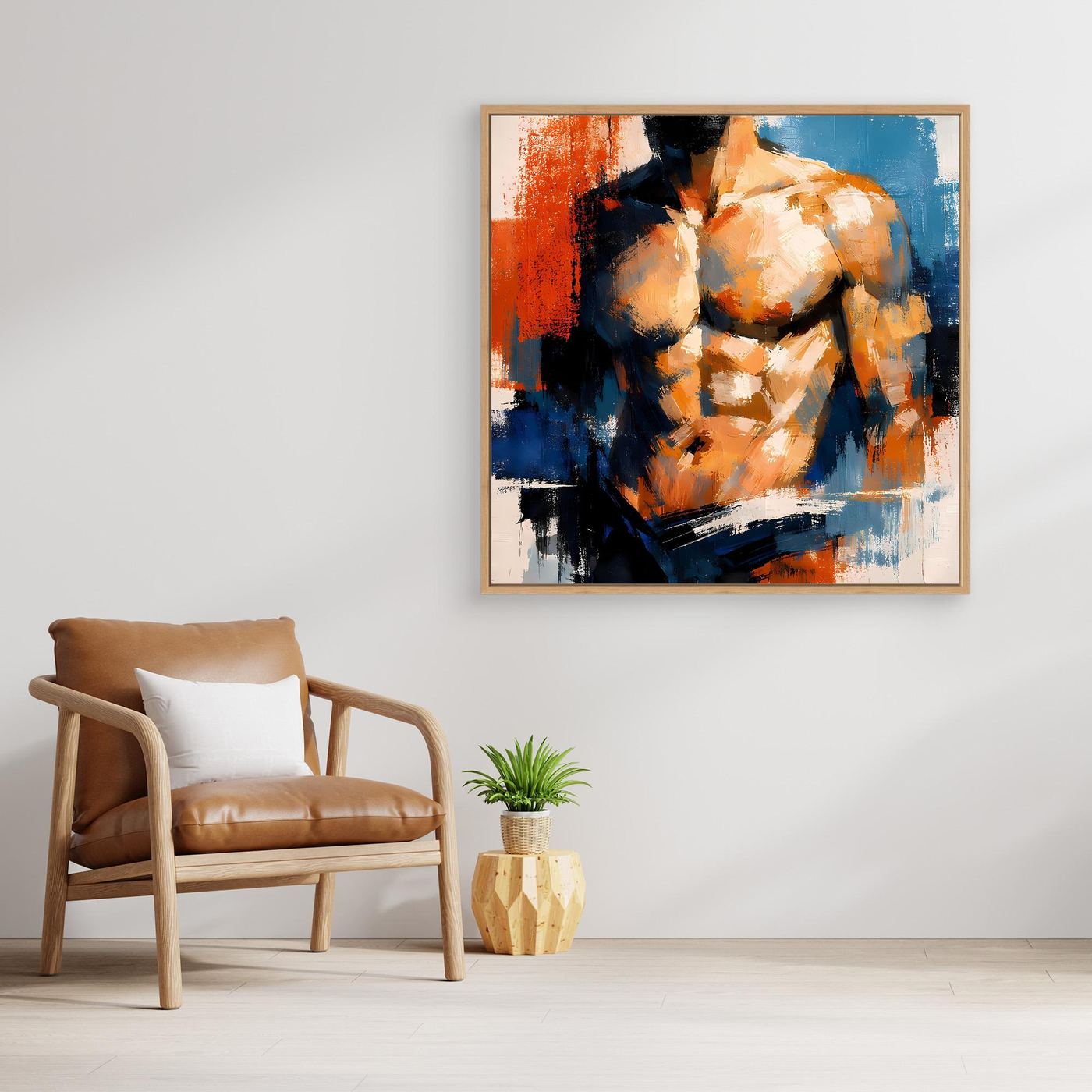 Abstract canvas wall art of a muscular male torso, orange and blue brushstrokes, oak frame