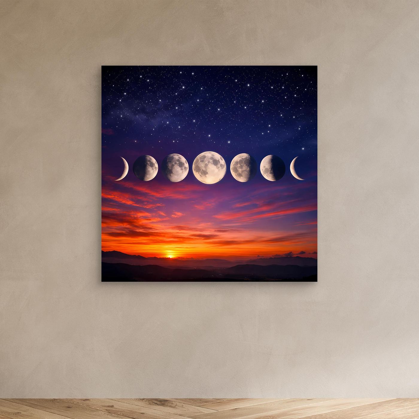 Leinwandbild mit Sternenhimmel und Mondphasen in schwarzem Rahmen an der Wand
