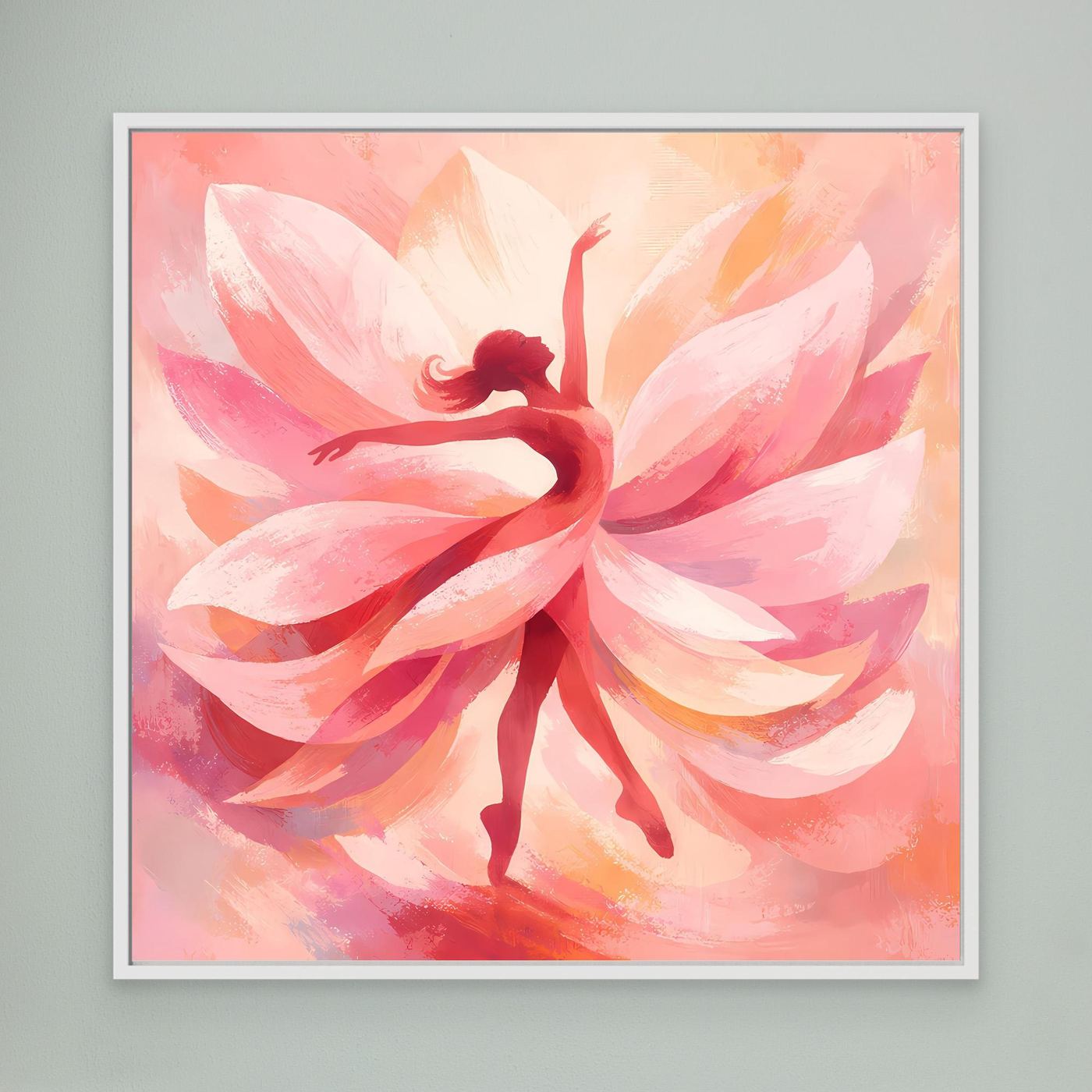 Leinwandbild mit rosa abstrakter Tänzerin und Blütenmotiv, weißer Rahmen