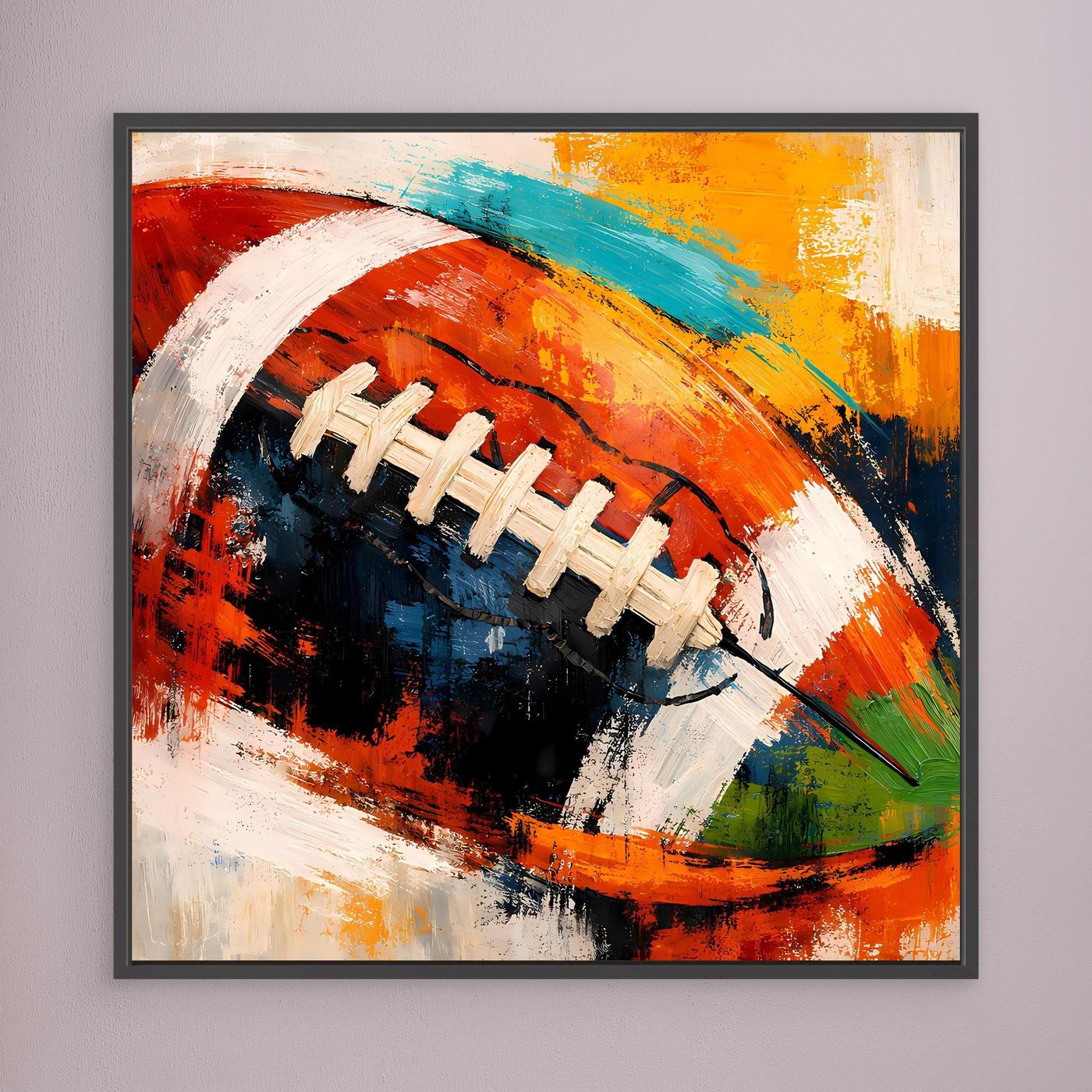 Leinwandbild mit abstraktem Football-Motiv in Rot, Blau und Orange, mit schwarzem Rahmen