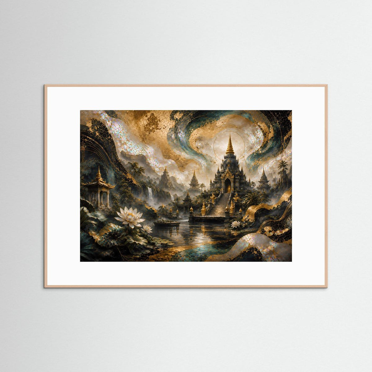 Gerahmtes Kunst-Poster: Tempel im Zentrum, Nebellandschaft und goldene Lichtstrahlen