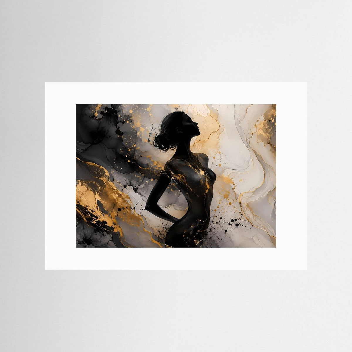 Abstraktes Frauen-Silhouetten-Wandbild mit weißem Passepartout: schwarze Figur, gold-grauer Marmor