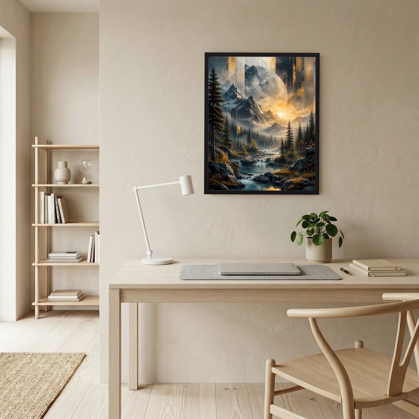 Gerahmtes Hochformat-Poster: Berge mit Fluss und goldgelbem Sonnenball