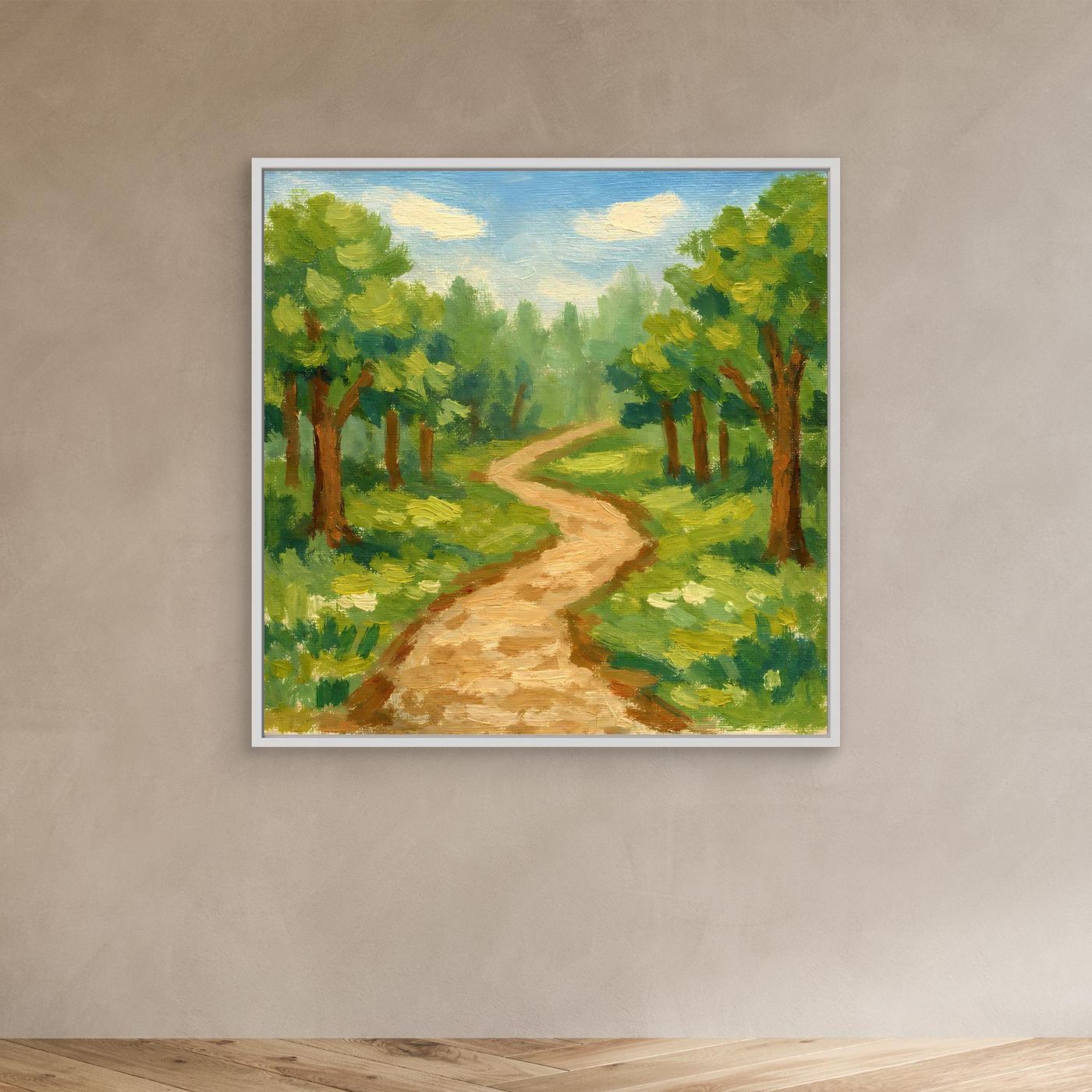 Leinwandbild „Idyllischer Waldweg“ mit weißem Rahmen: gemalter Pfad durch Bäume.