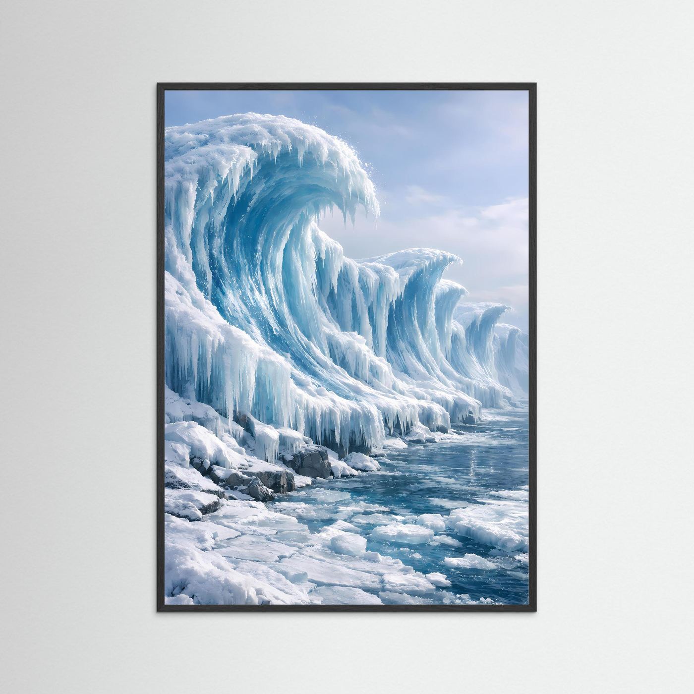 Hochformatiges Eislandschafts-Poster im schwarzen Rahmen, türkisblaues Eis auf Schnee