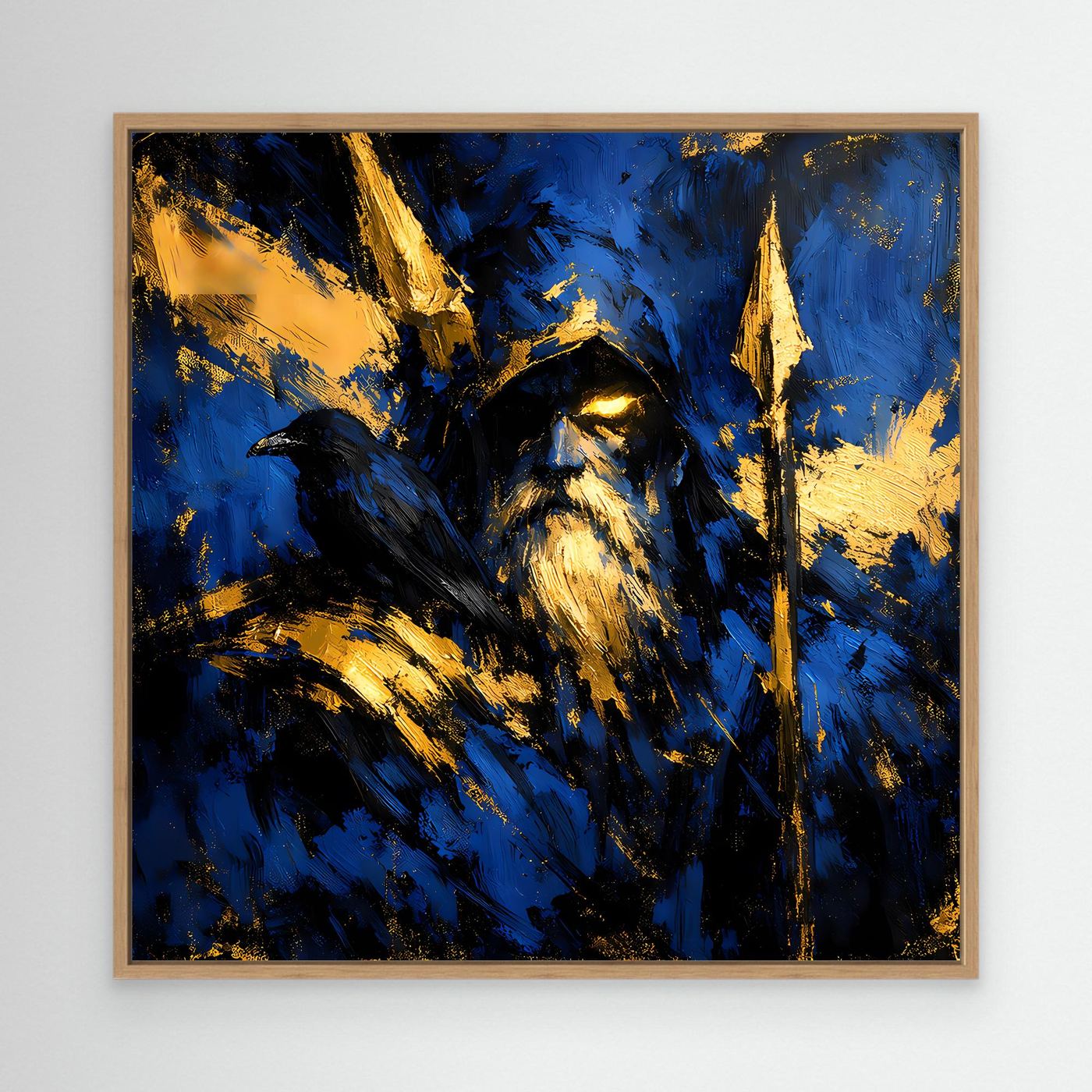 Leinwand Odin der Allvater in Blau und Gold | Modernes Nordische Mythologie Wandbild mit Rabe