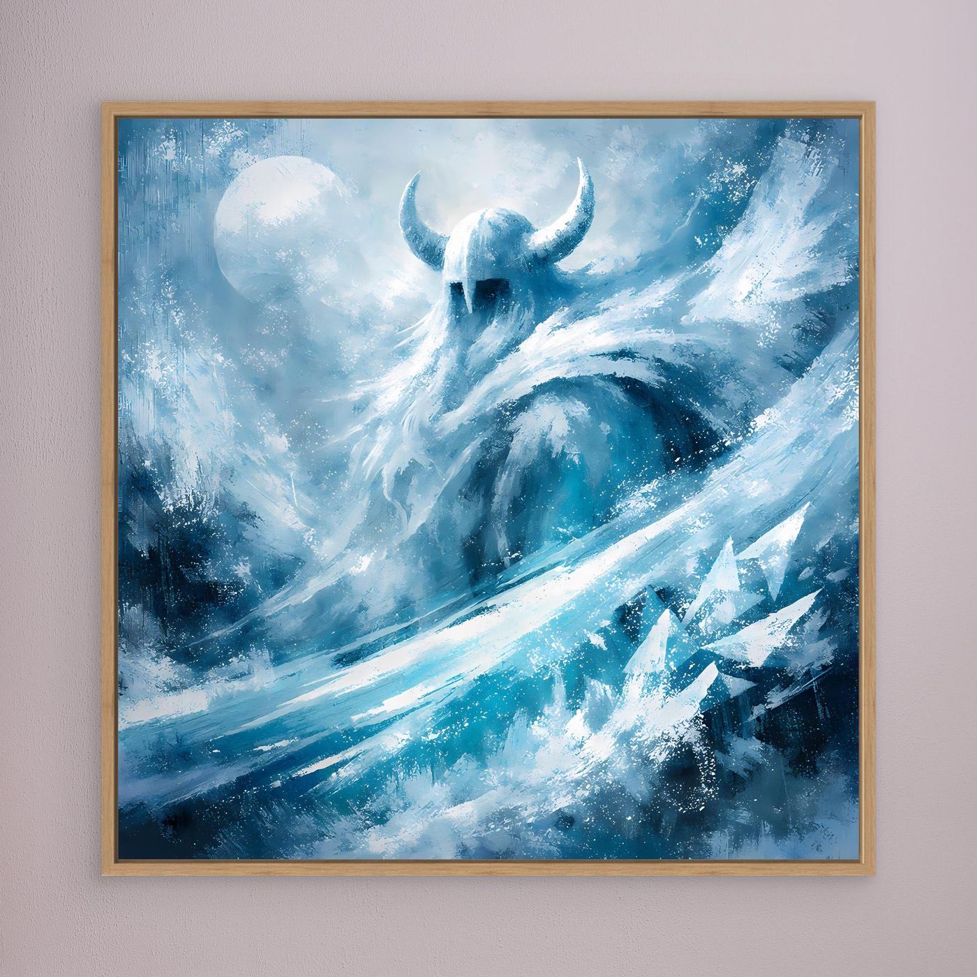 Leinwandbild mit Eiswikinger-Motiv in Blau-Tönen, quadratisch, mit Holzrahmen