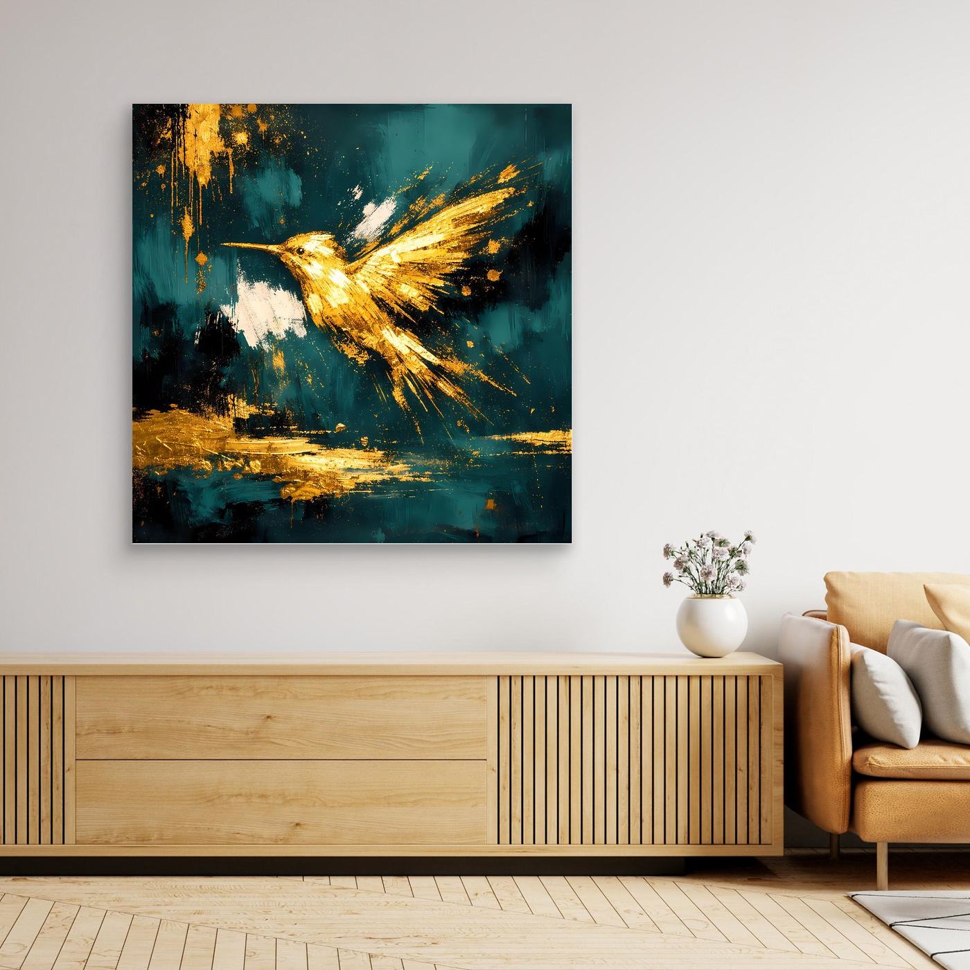 Leinwand Goldener Kolibri im Flug | Abstraktes Modernes Vogel Wandbild Kunst
