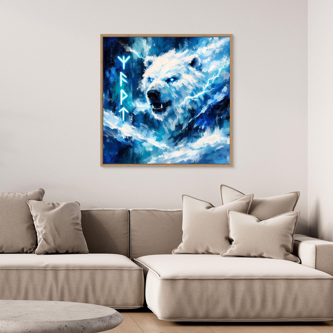 Leinwand-Wandbild im Holzrahmen: Eisbär mit Runen, blaues Nordlicht