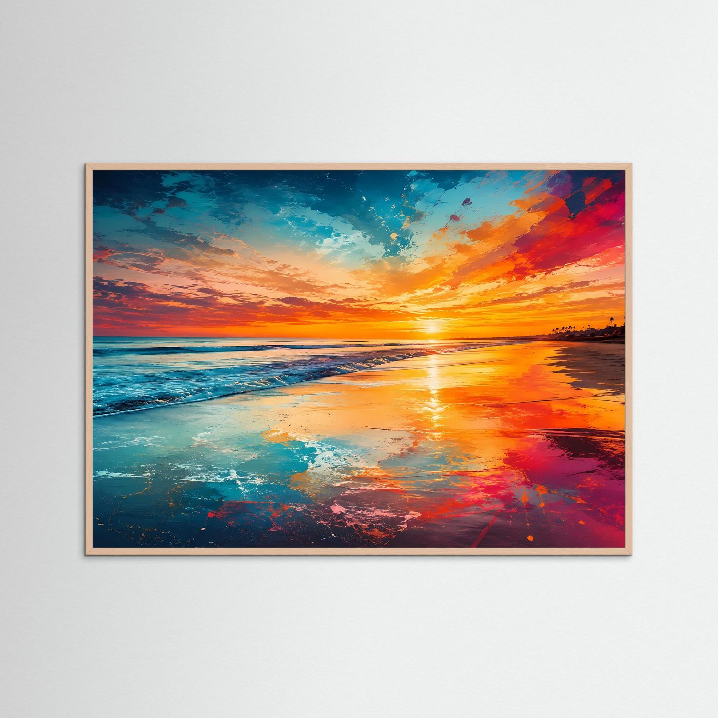 Sonnenuntergang am Strand Poster | Farbenfrohes Meerespanorama Wandbild | Moderne Küstenlandschaft mit leuchtendem Himmel