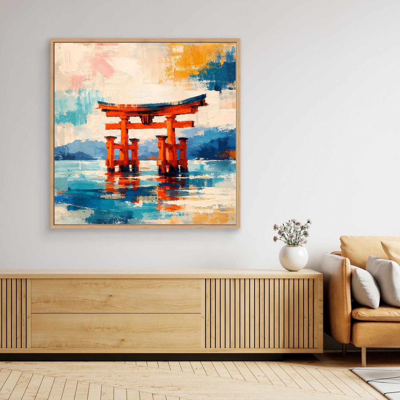 Leinwandbild Japanisches Torii-Tor im Meer | Abstraktes Kultur Wandbild auf echtem Holzkeilrahmen
