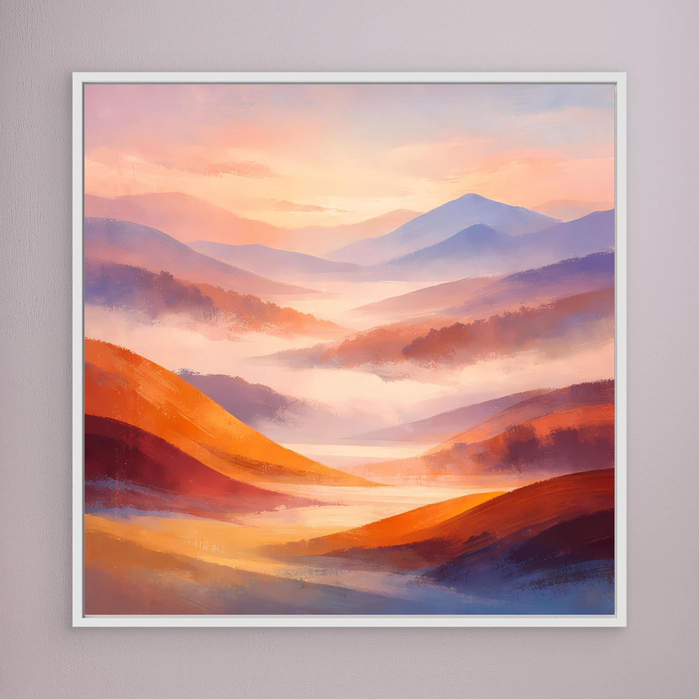 Leinwandbild mit weißem Rahmen, abstrakte Pastell-Berglandschaft in Orange und Violett