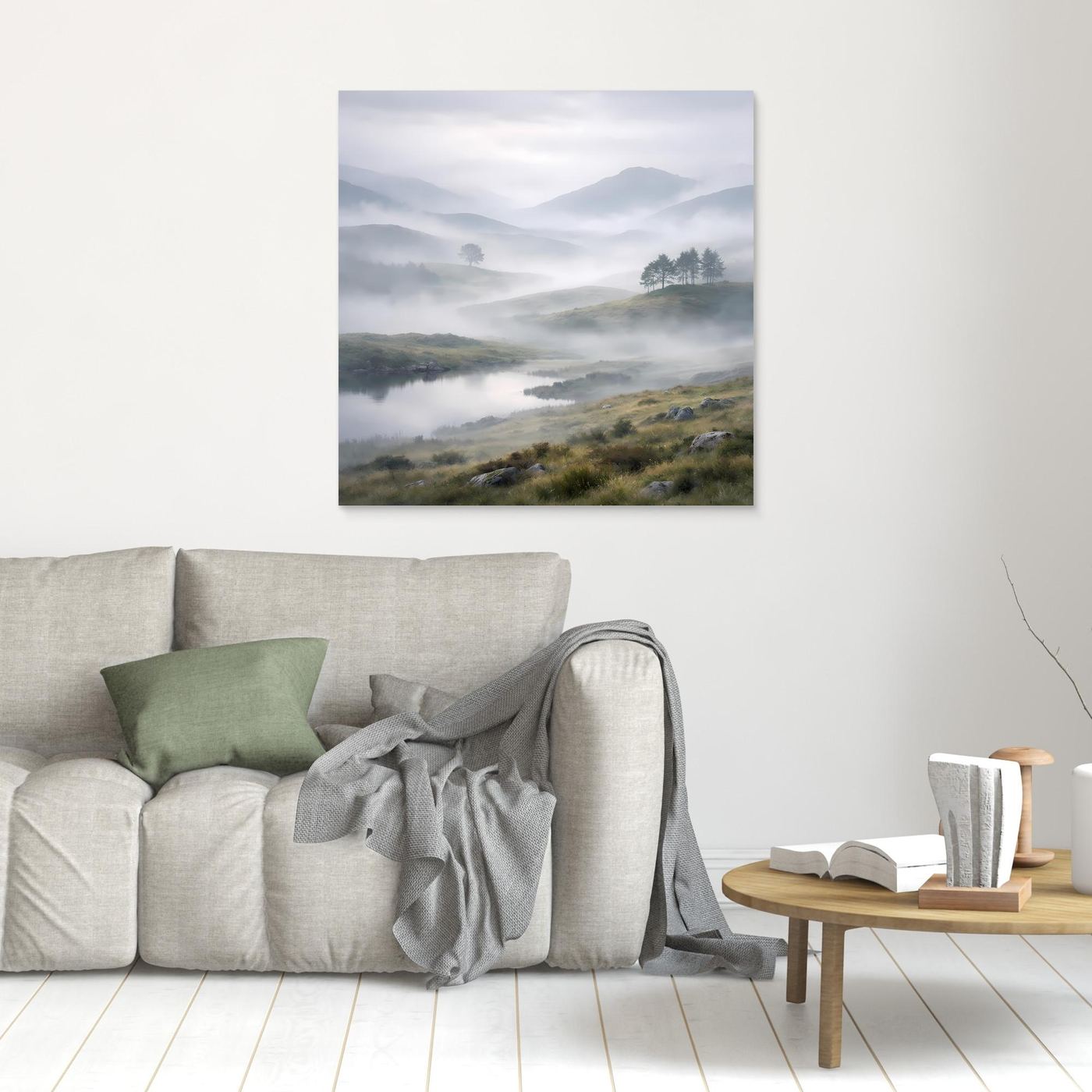Quadratisches Leinwandbild mit Bergsee-Landschaft im Nebel