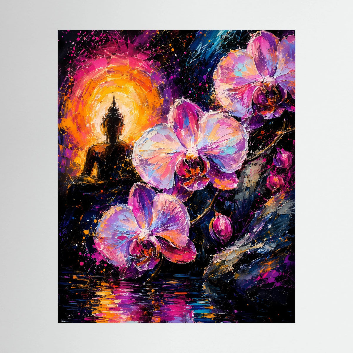 Neon-Poster (Hochformat) mit Buddha-Silhouette, violett-pinken Orchideen und goldener Lichtaura