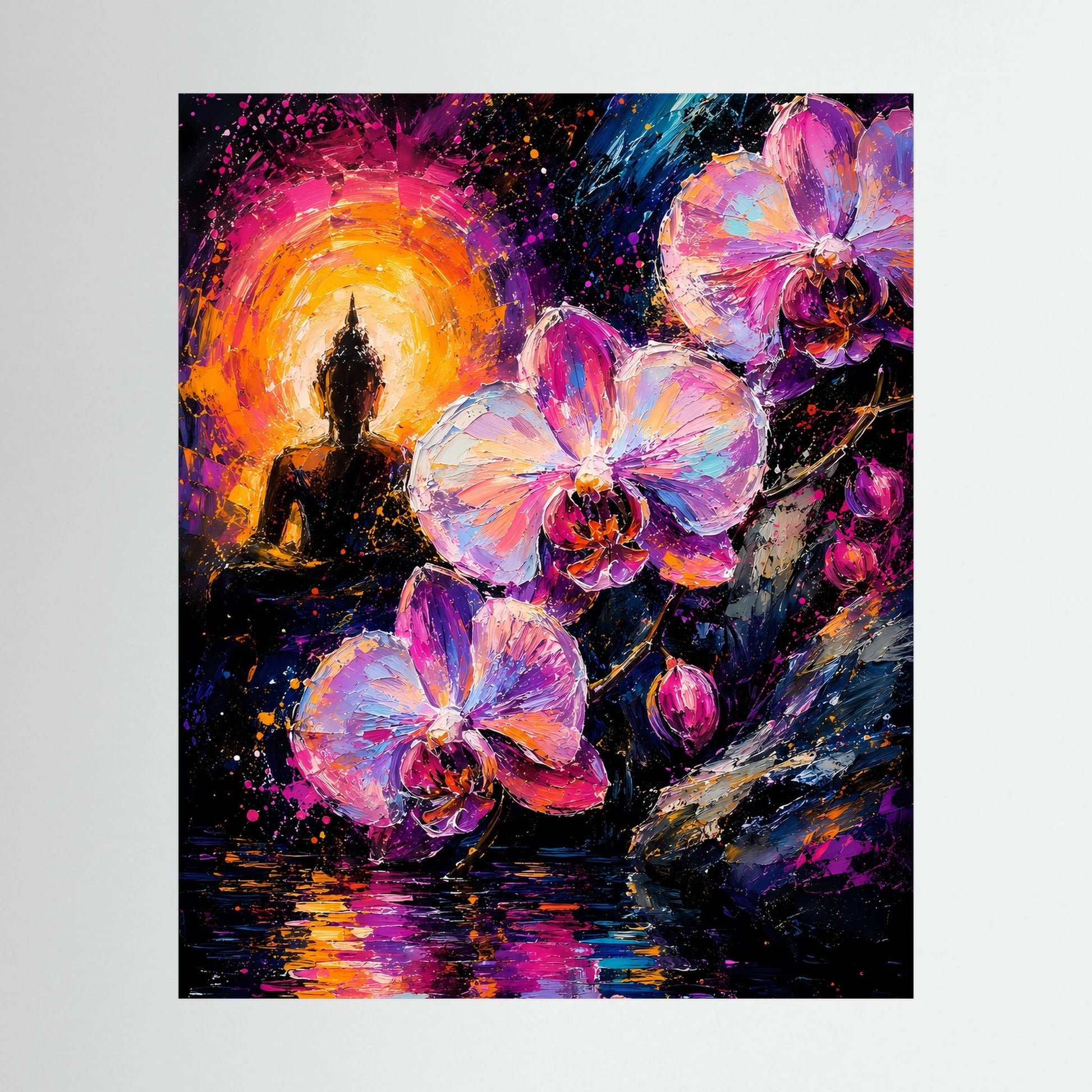 Neon-Poster (Hochformat) mit Buddha-Silhouette, violett-pinken Orchideen und goldener Lichtaura