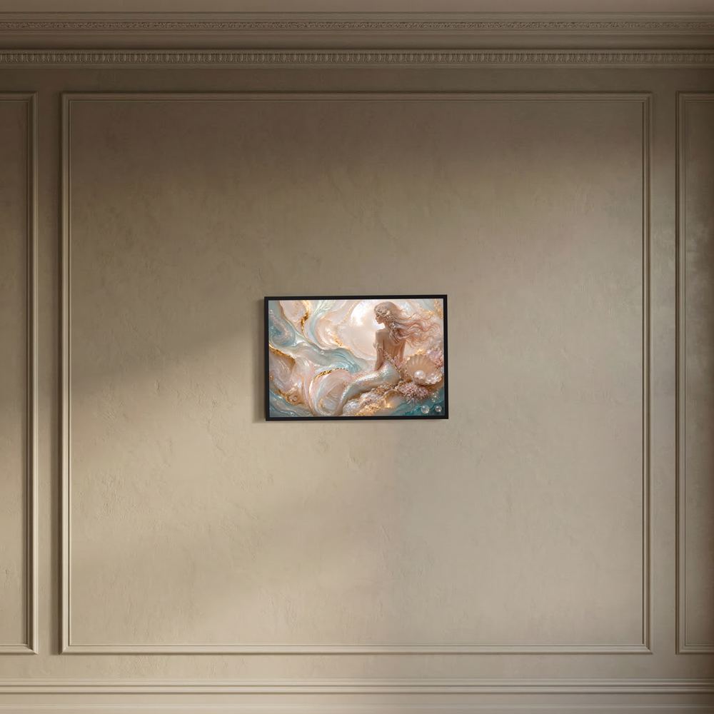 Gerahmtes Querformat-Poster mit Meerjungfrau, Perlen und Muscheln in Pastell, schmaler Rahmen