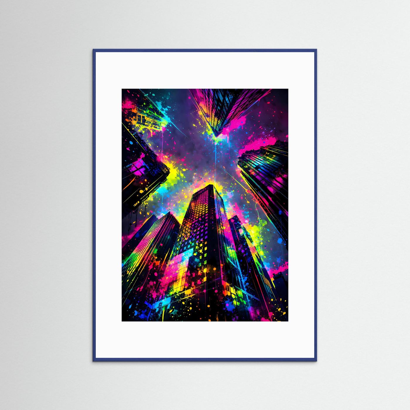 Urbane Farbexplosion | Abstraktes Wolkenkratzer Poster aus der Froschperspektive | Modernes Skyline Kunstposter Hochformat