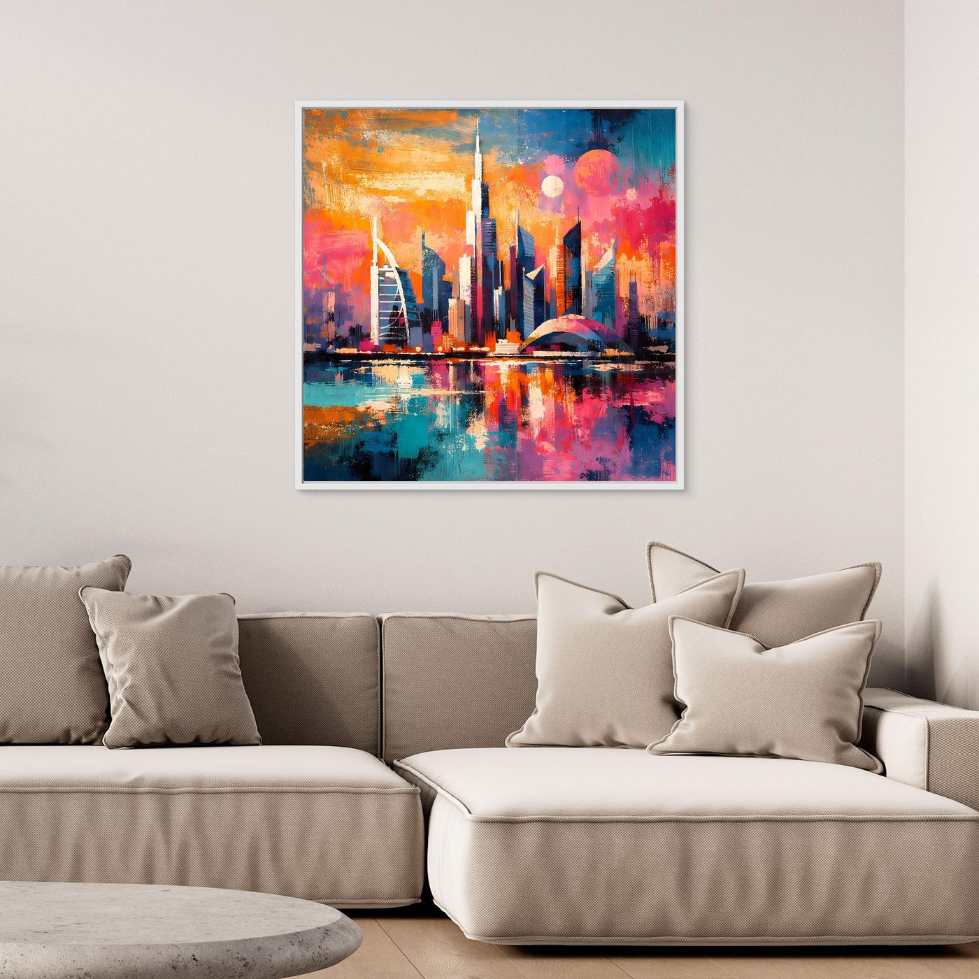 Abstraktes Leinwand-Wandbild mit farbigen Wolken, leuchtenden Türmen und Wasserreflex