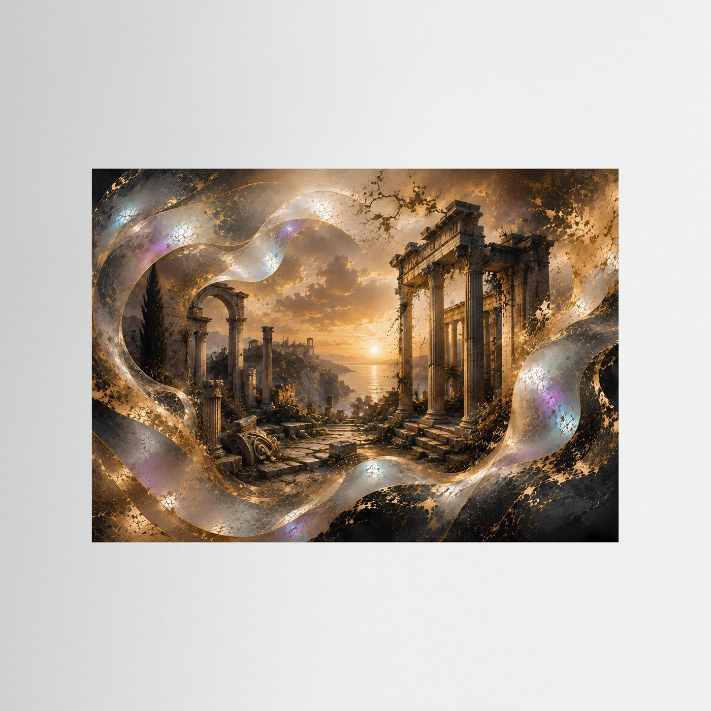 Querformat-Poster mit antiker Tempellandschaft in Gold- und Brauntönen