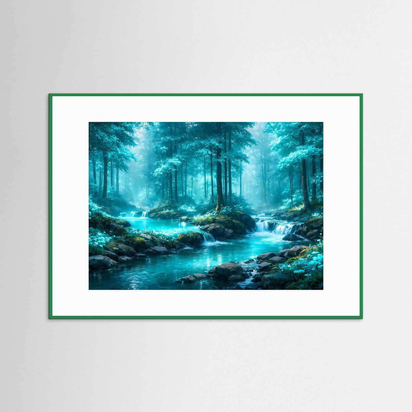 Gerahmtes Wandbild mit türkisem Fluss im grünen Wald, weißer Rahmen.