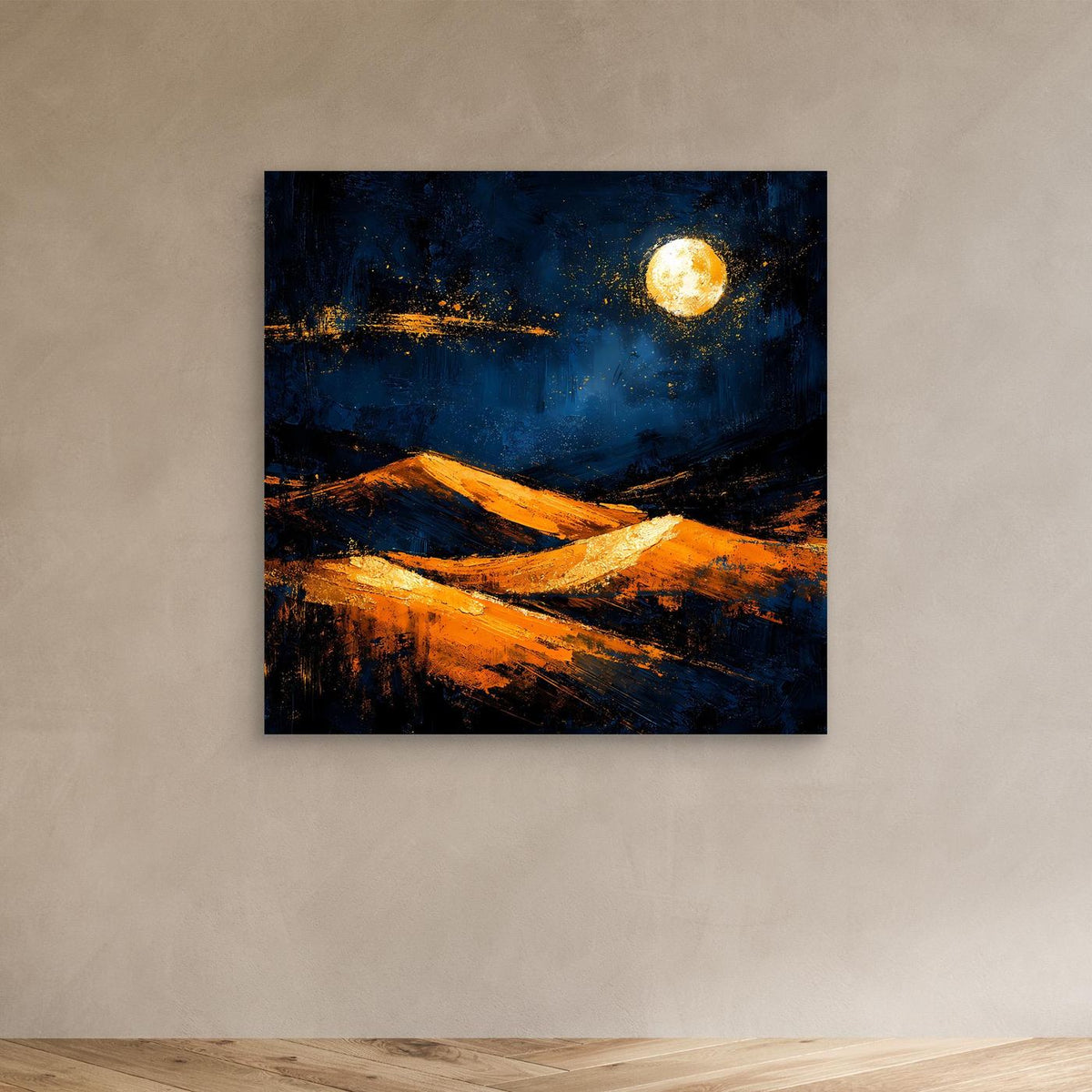 Abstraktes Leinwandbild mit goldener Sonne, orange Dünen und dunklem Blau, ohne Rahmen