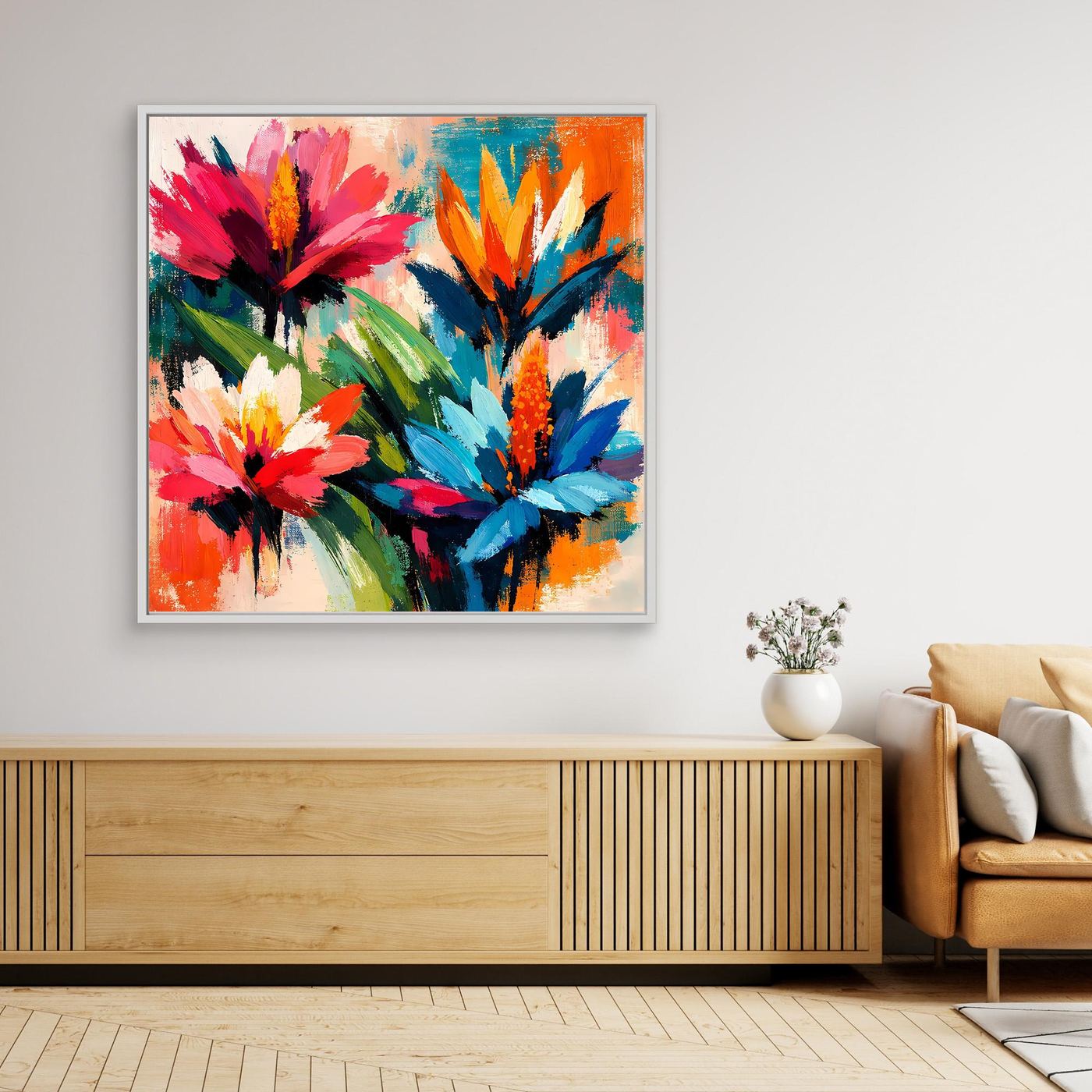 Abstract tropical flower wall art print with colorful blooms in a light gray frame