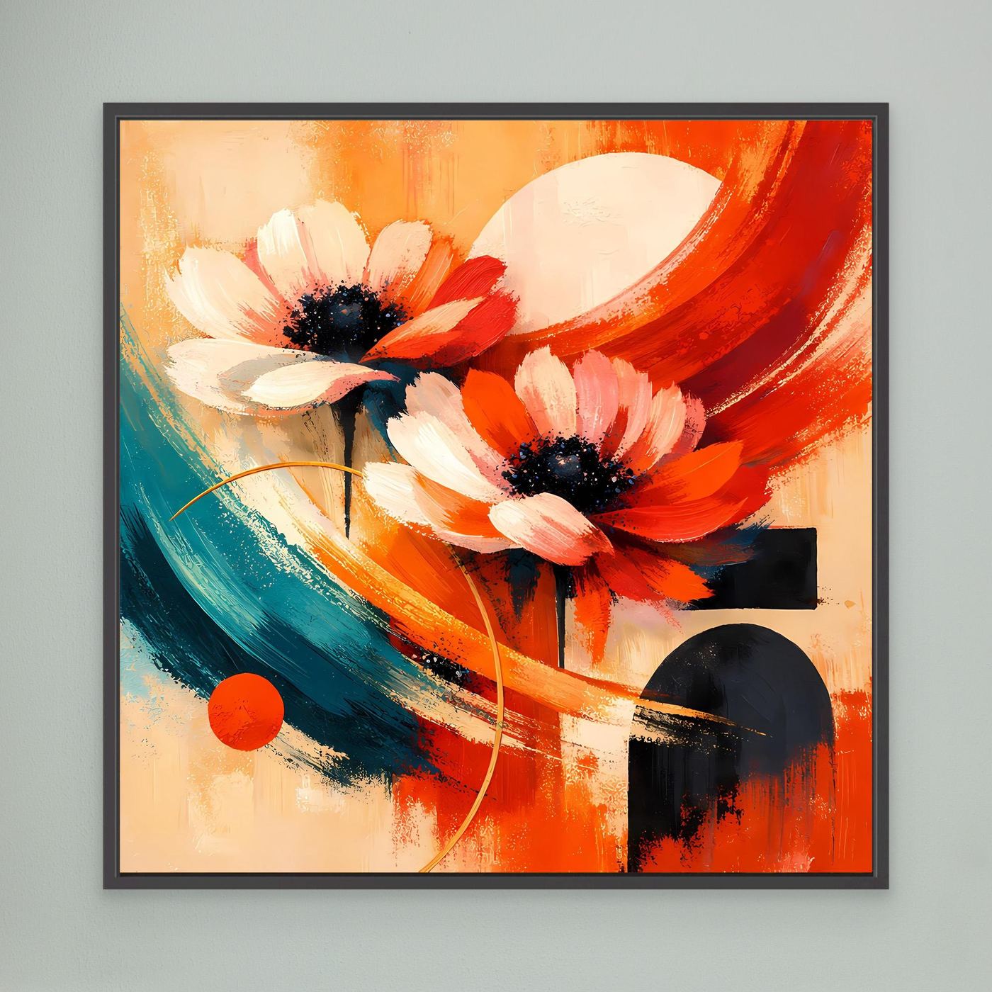 Leinwandbild mit abstrakten Anemonen: Orange, Rot, Türkis, dunkel gerahmt