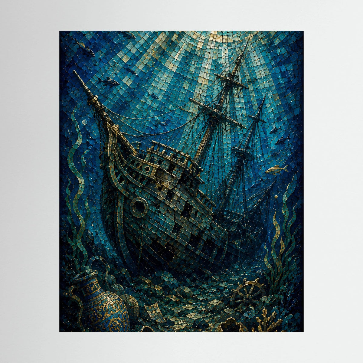Poster mit versunkenem Segelschiff im Mosaikstil, blaue und goldene Unterwasserwelt