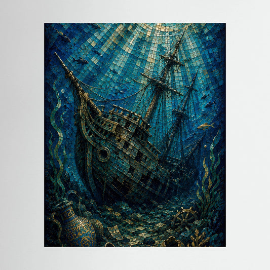 Poster mit versunkenem Segelschiff im Mosaikstil, blaue und goldene Unterwasserwelt