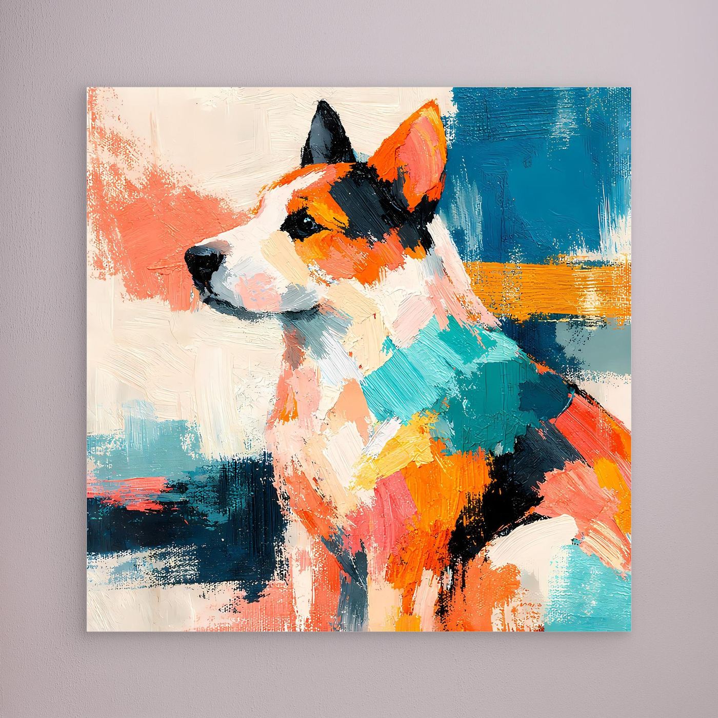Leinwandbild ohne Rahmen: abstrakter Hund im Pop-Art-Stil, bunt und kontrastreich