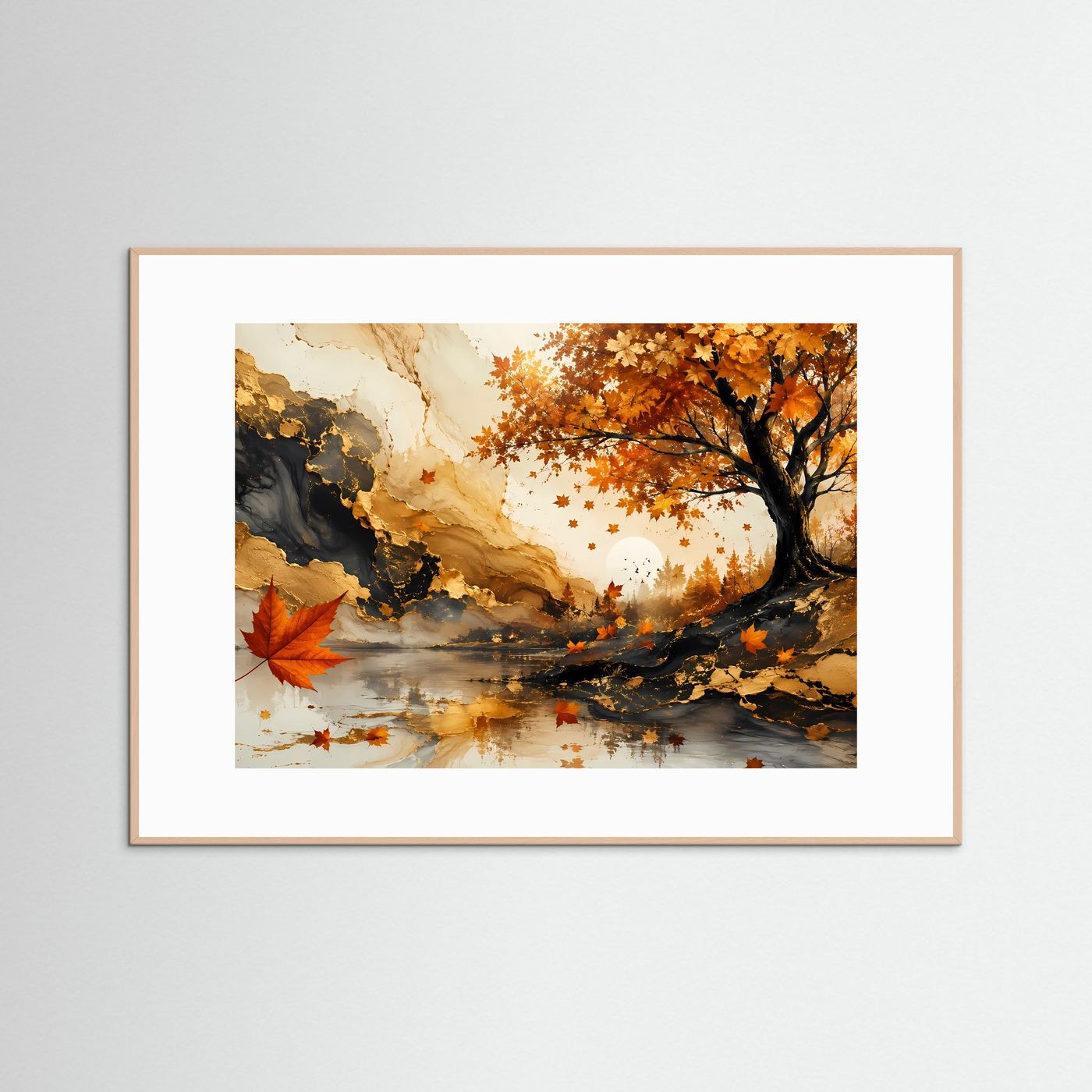 Herbstbaum Poster | Goldener Herbst Wandkunst | Abstrakte Ahorn Landschaft | Elegante Natur Wall Art | Premium Leinwandbild