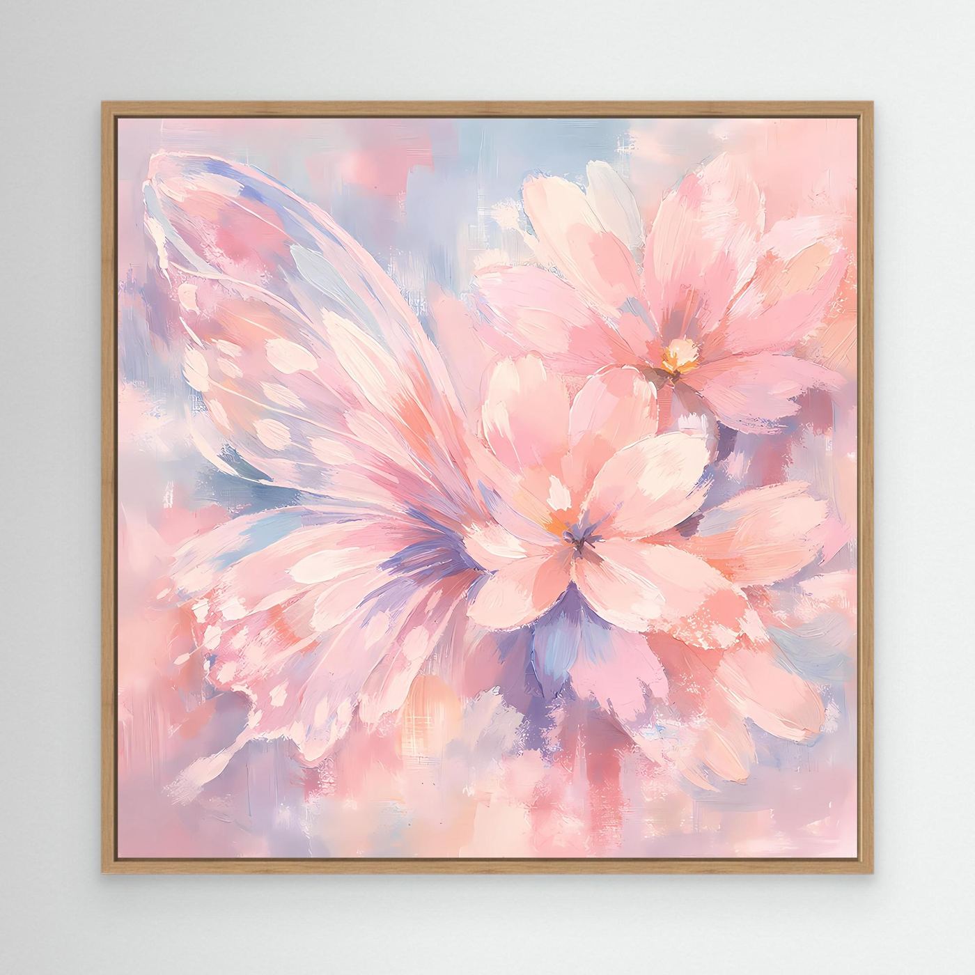 Leinwandbild mit Schmetterlingsblüten im Pastell-Look, Eichenholzrahmen
