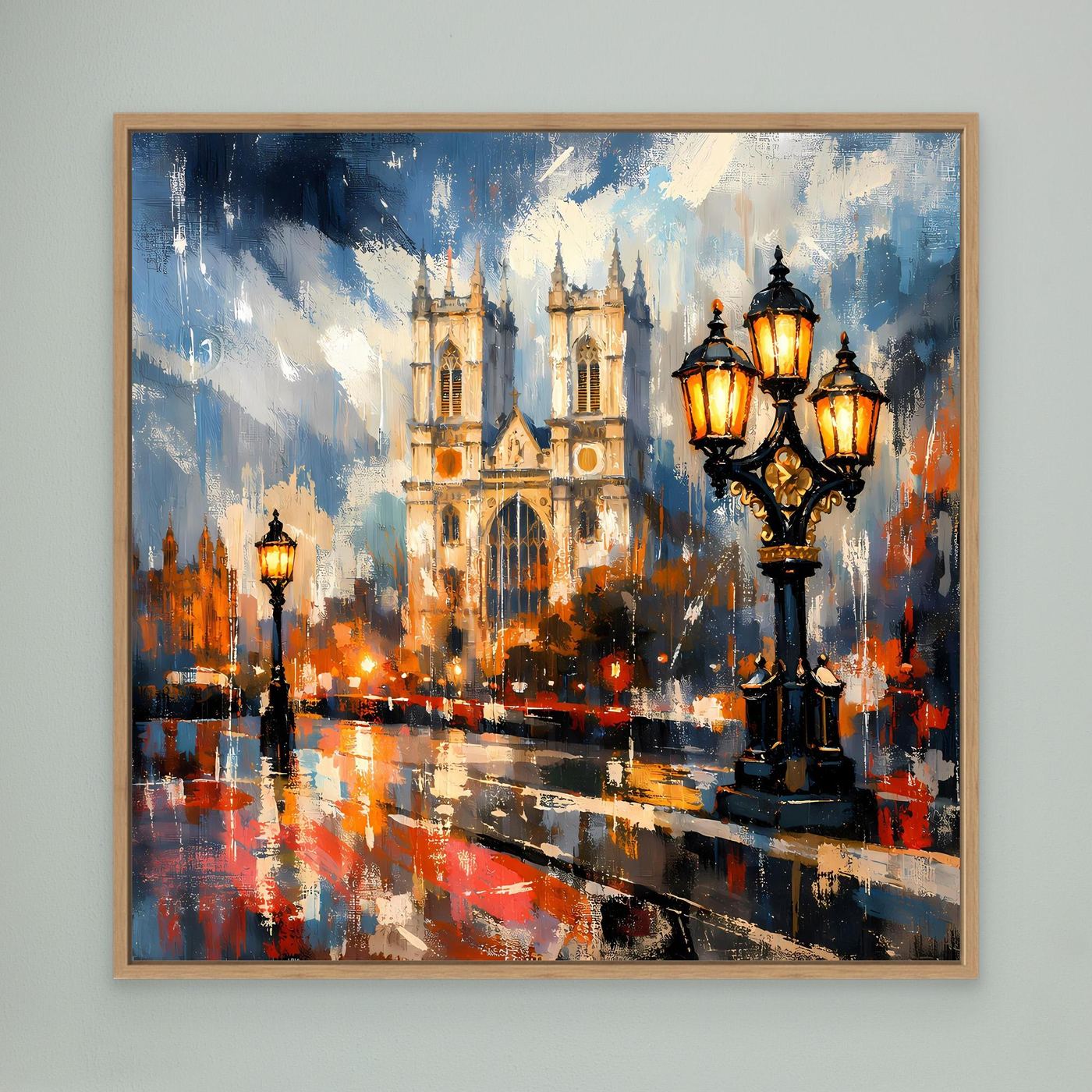 Abstraktes Leinwand-Wandbild mit Kathedrale und Laternen im Regen, Eichenrahmen.