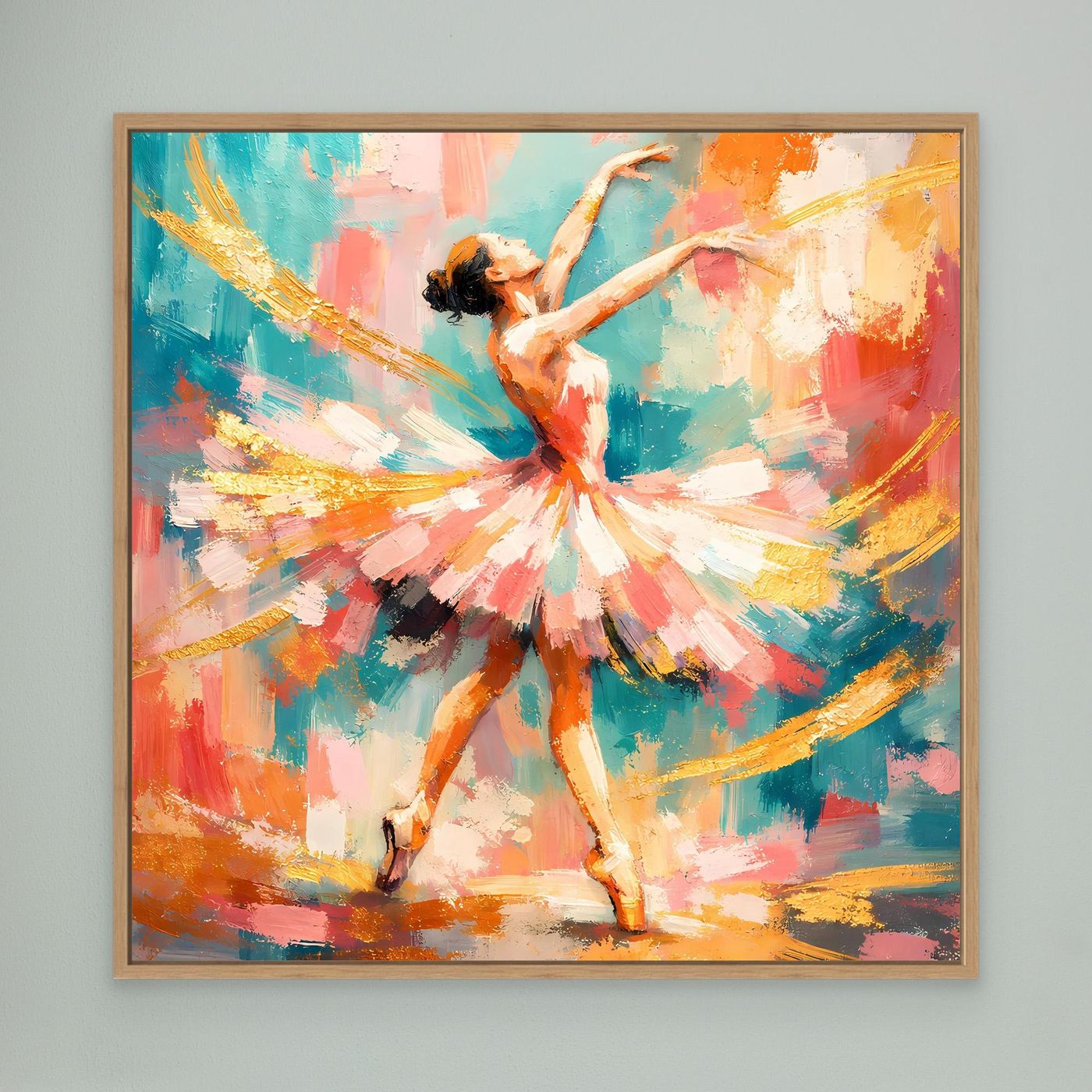 Leinwandbild mit abstrakter Ballerina im Holzrahmen, farbige Pinselstriche