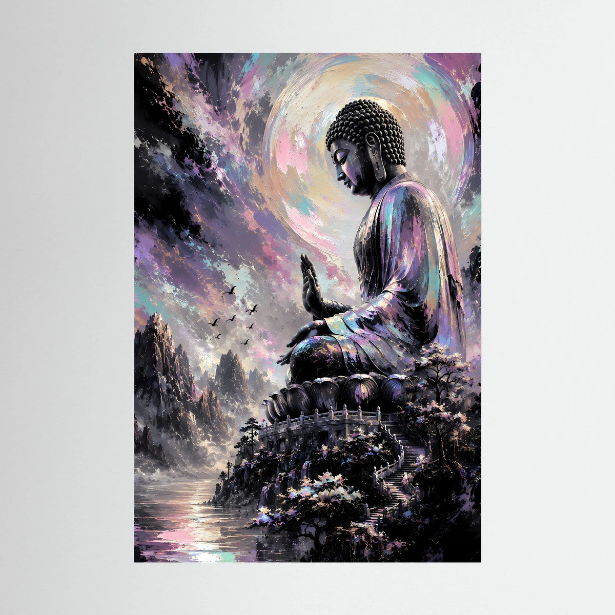 Kunstposter im Hochformat mit sitzendem Buddha, Pastell-Landschaft und mystischem Halo