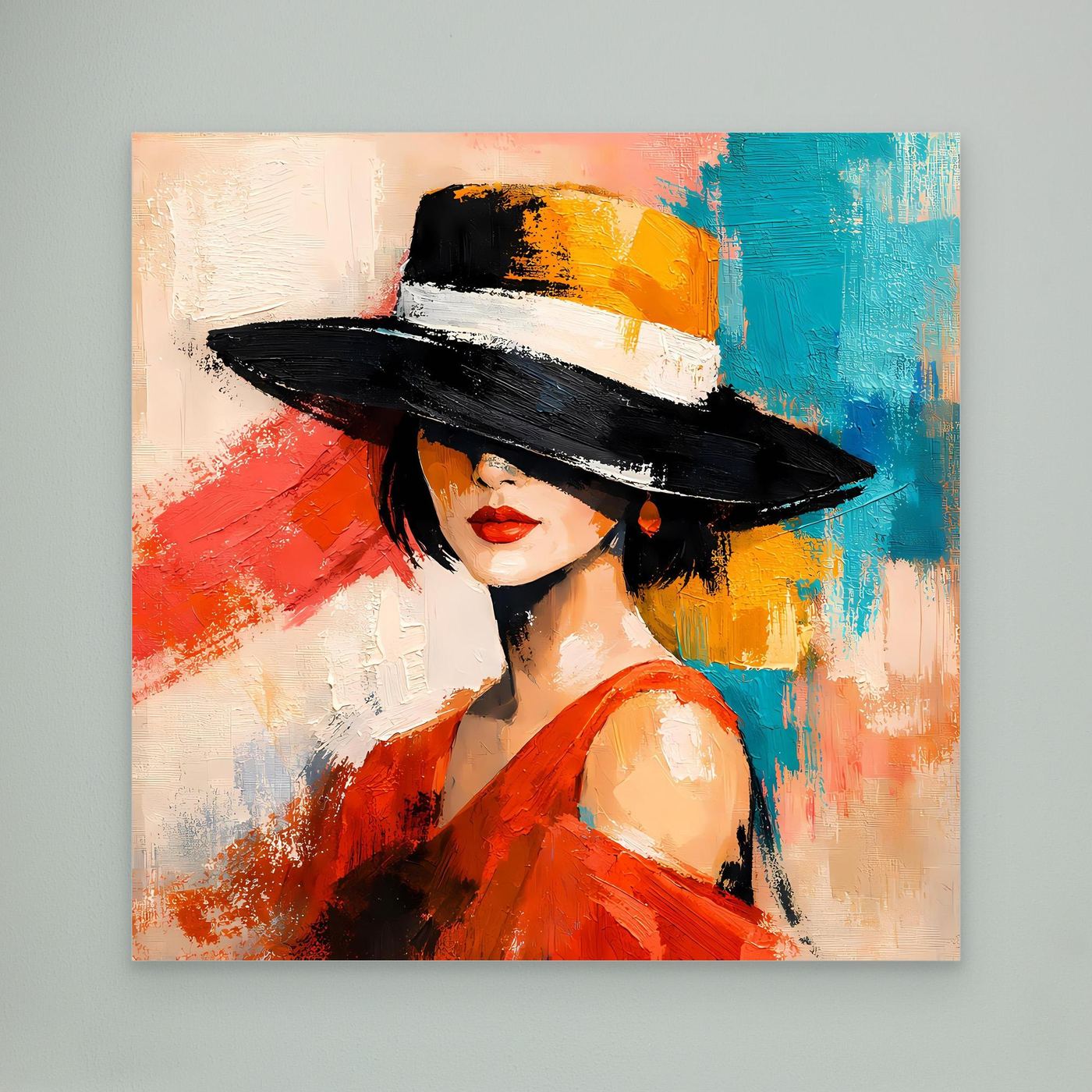 Unframed canvas wall art of a woman in a red dress and black hat with abstract colors