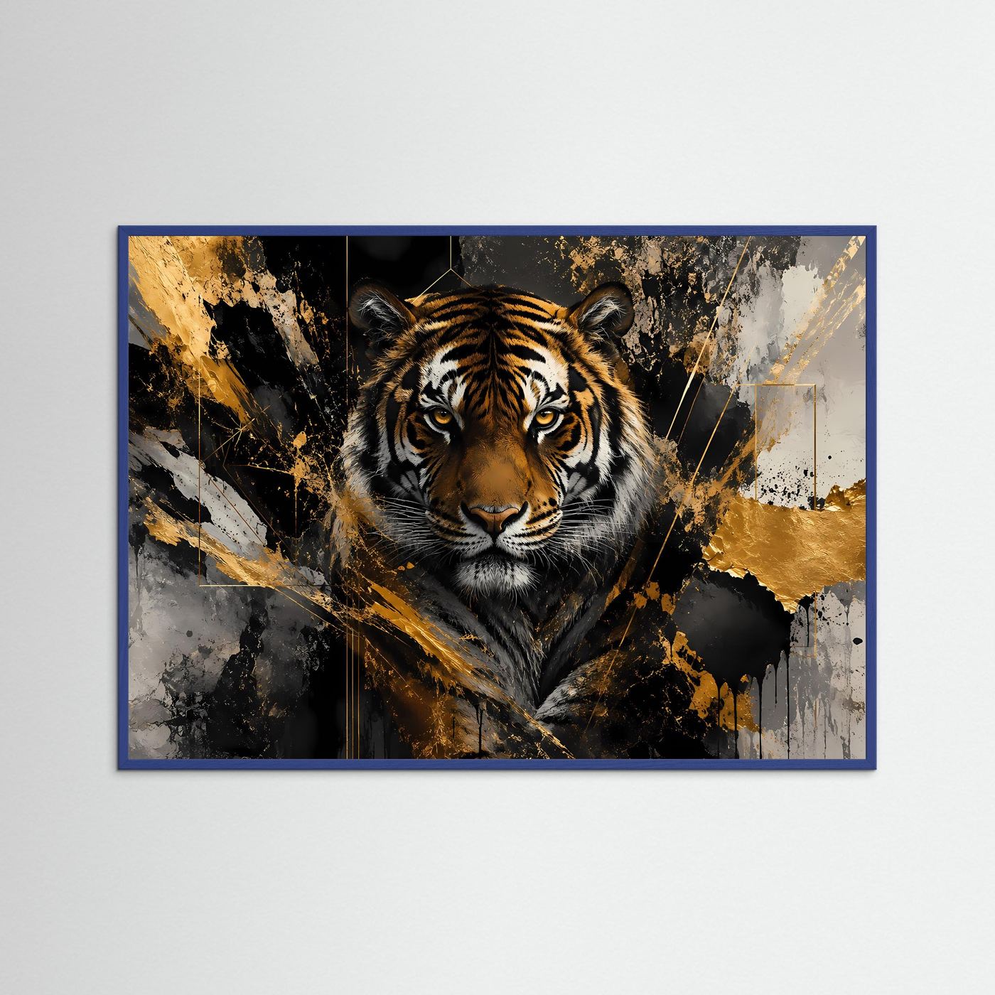 Tiger-Kunstposter mit goldenen Spritzakzenten, im blauen Rahmen