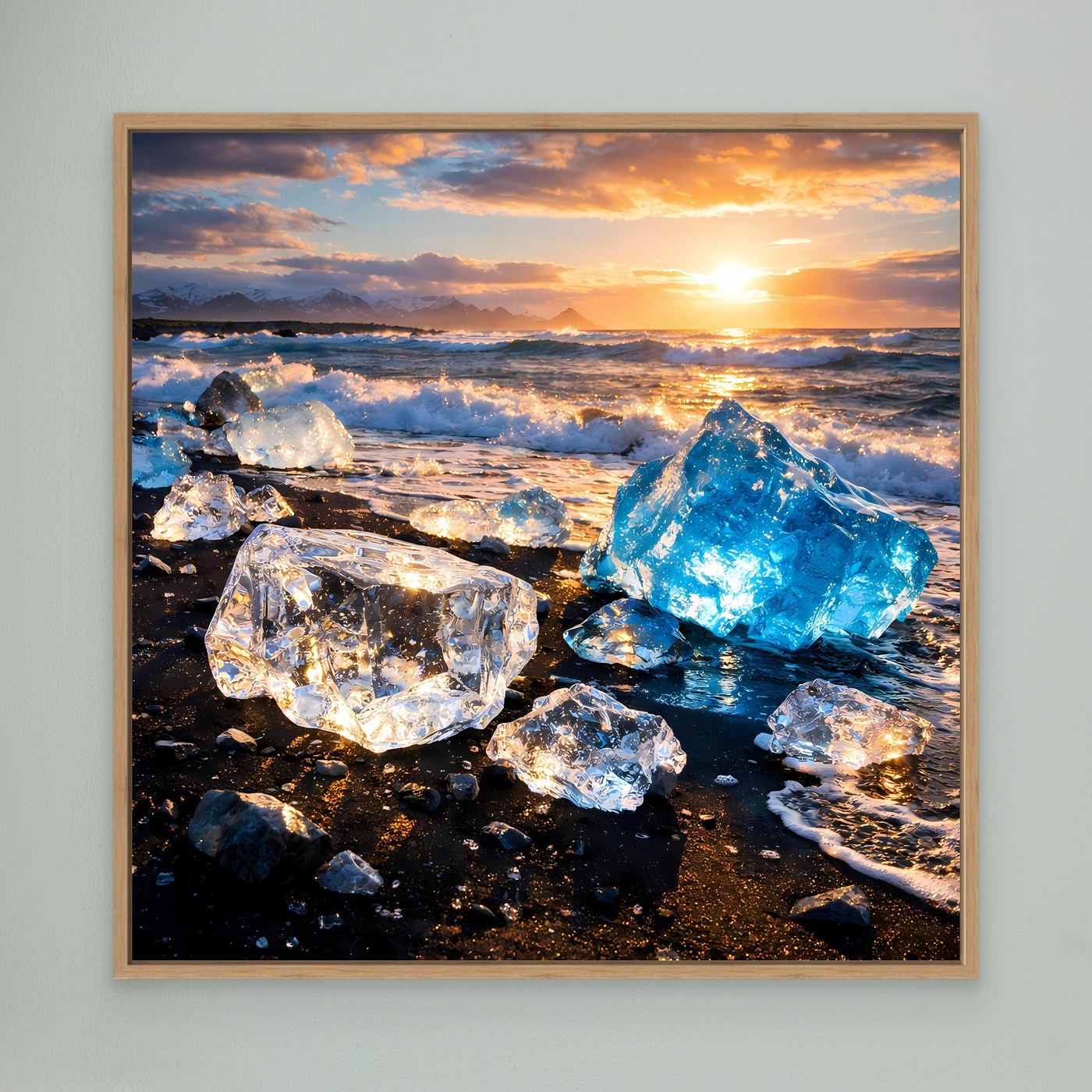 Leinwandbild mit Eisschollen und blauem Eis auf schwarzem Strand im Eichenrahmen