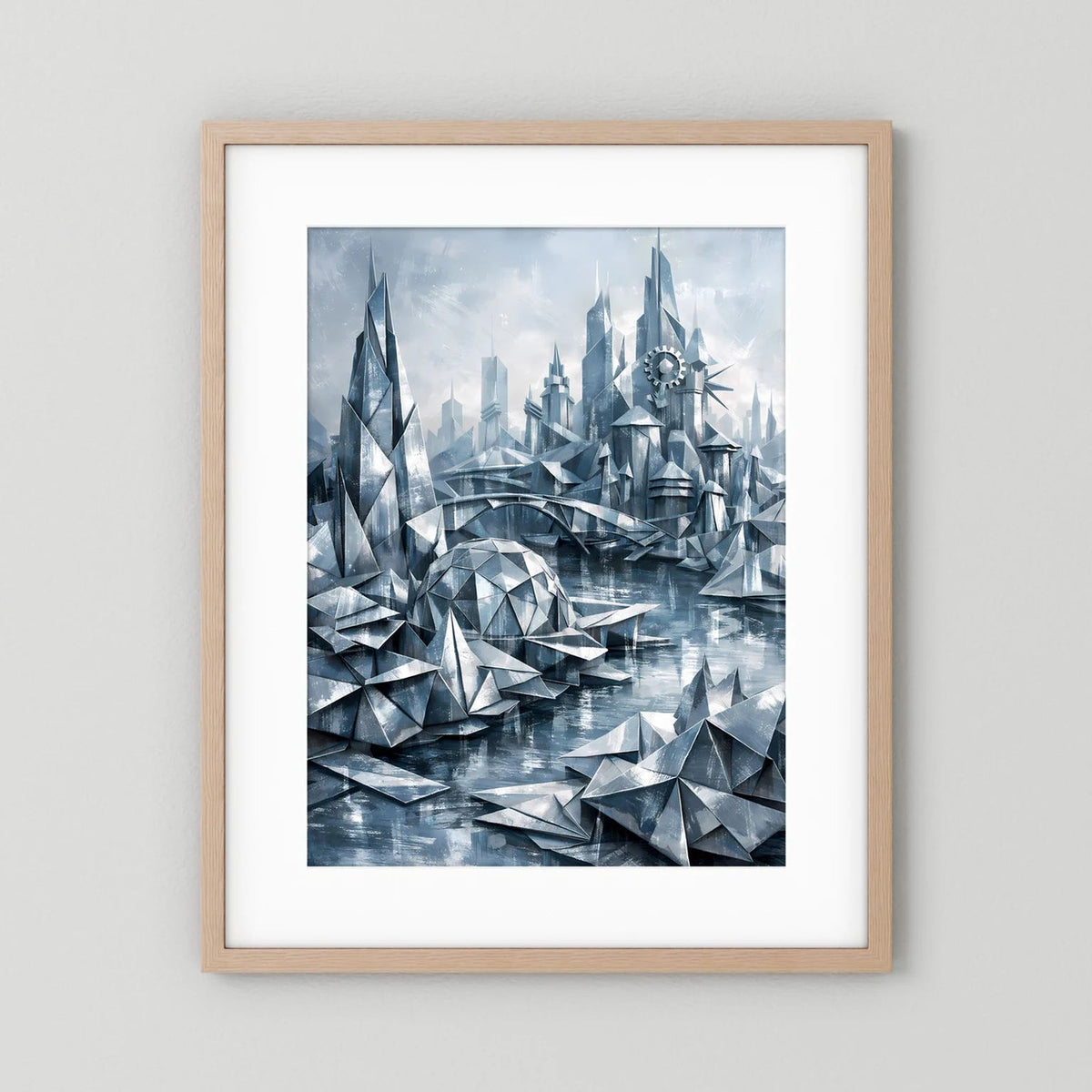 Futuristisches Stadtposter mit silbern-blauer Architektur, im hellen Holzrahmen mit Rand.