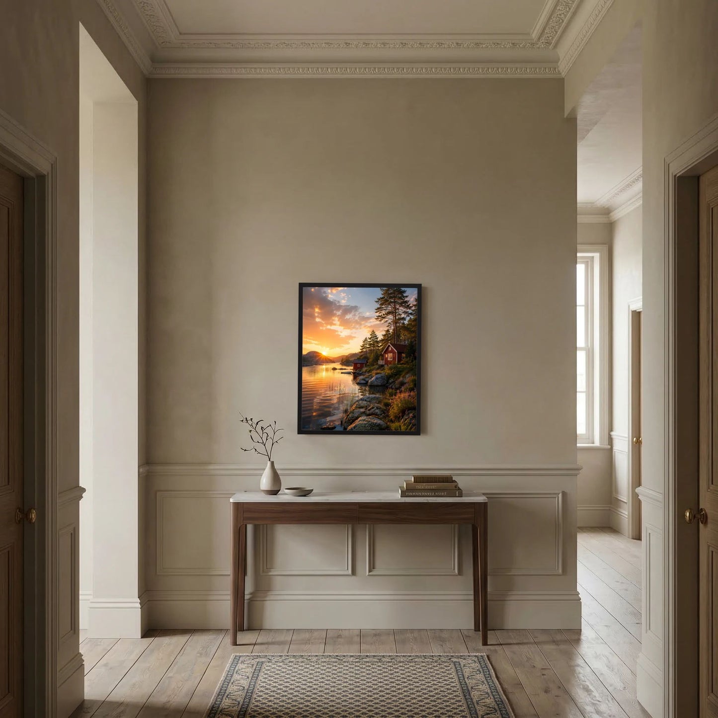 Hochformatiges Kunstposter auf einer Wandnische: Abendsonne am Seeufer mit Felsen