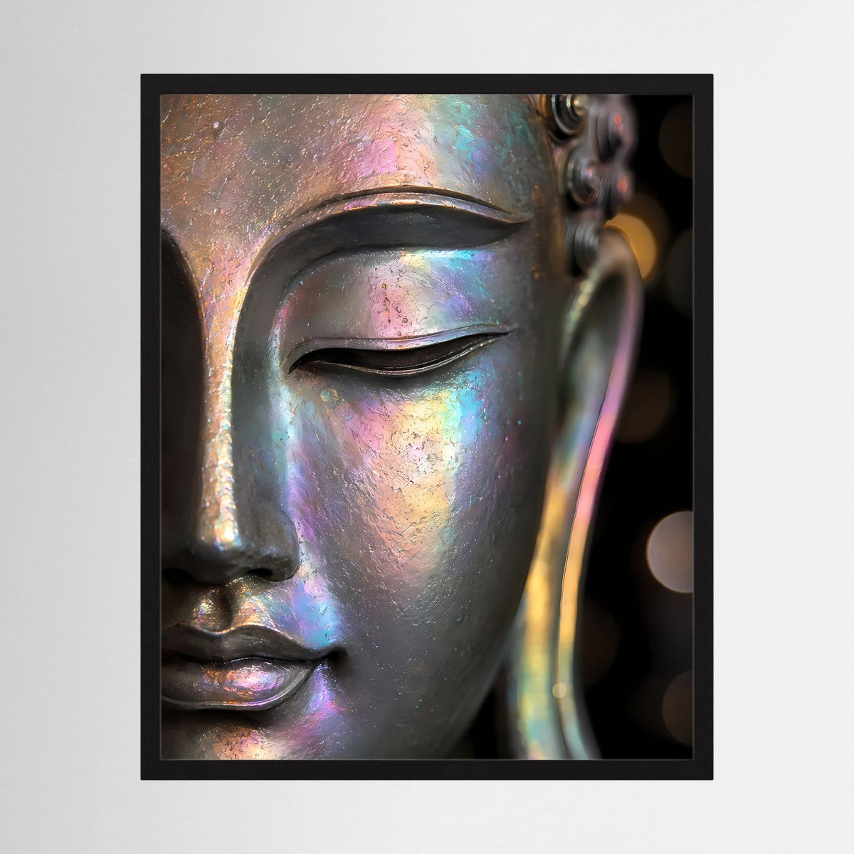 Kunstposter mit Buddha-Gesicht in irisierendem Perlmuttglanz, Nahansicht