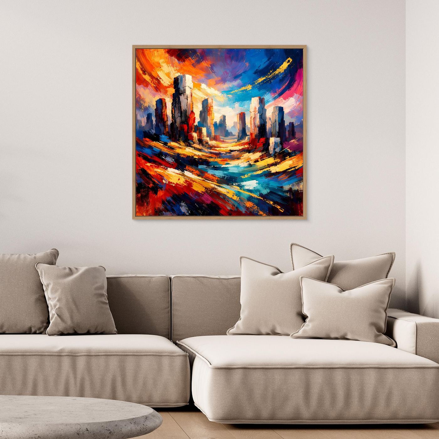 Gerahmtes Leinwandbild mit abstrakter Skyline und farbigen Pinselstrichen