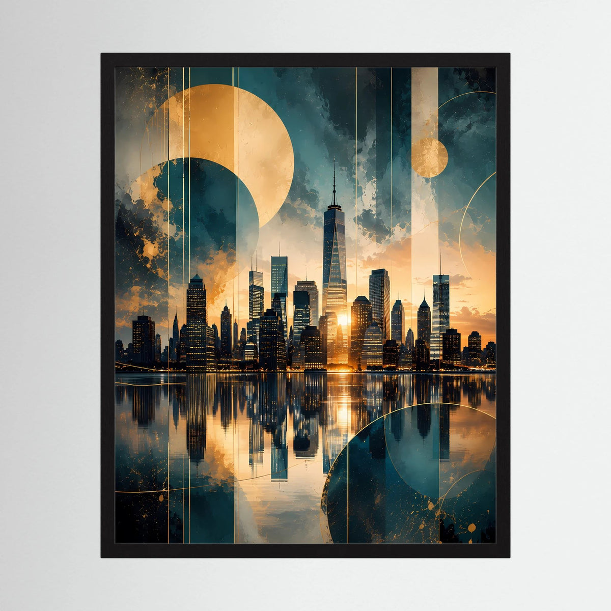 Gerahmtes Poster im Hochformat: abstrakte Manhattan-Skyline in Gold und Petrol