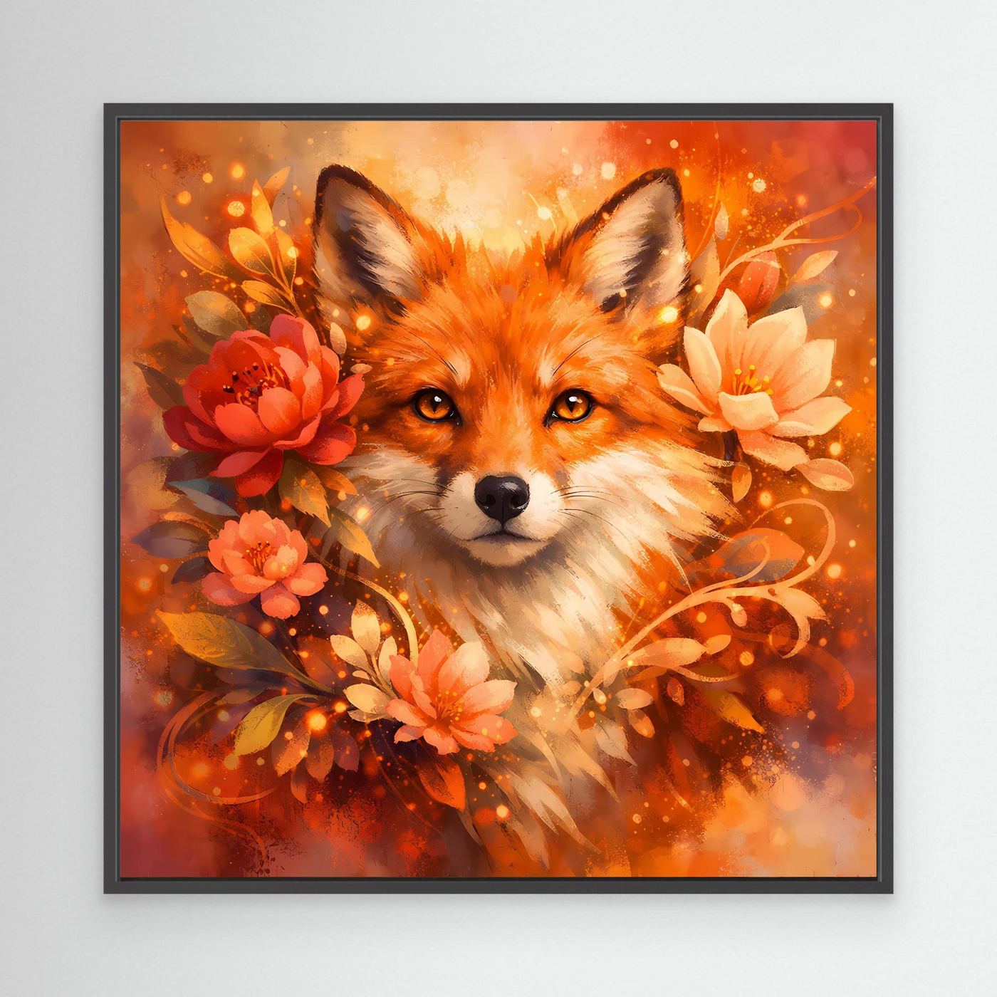 Leinwandbild Fuchs mit Blumen, orangefarben, im schwarzen Rahmen