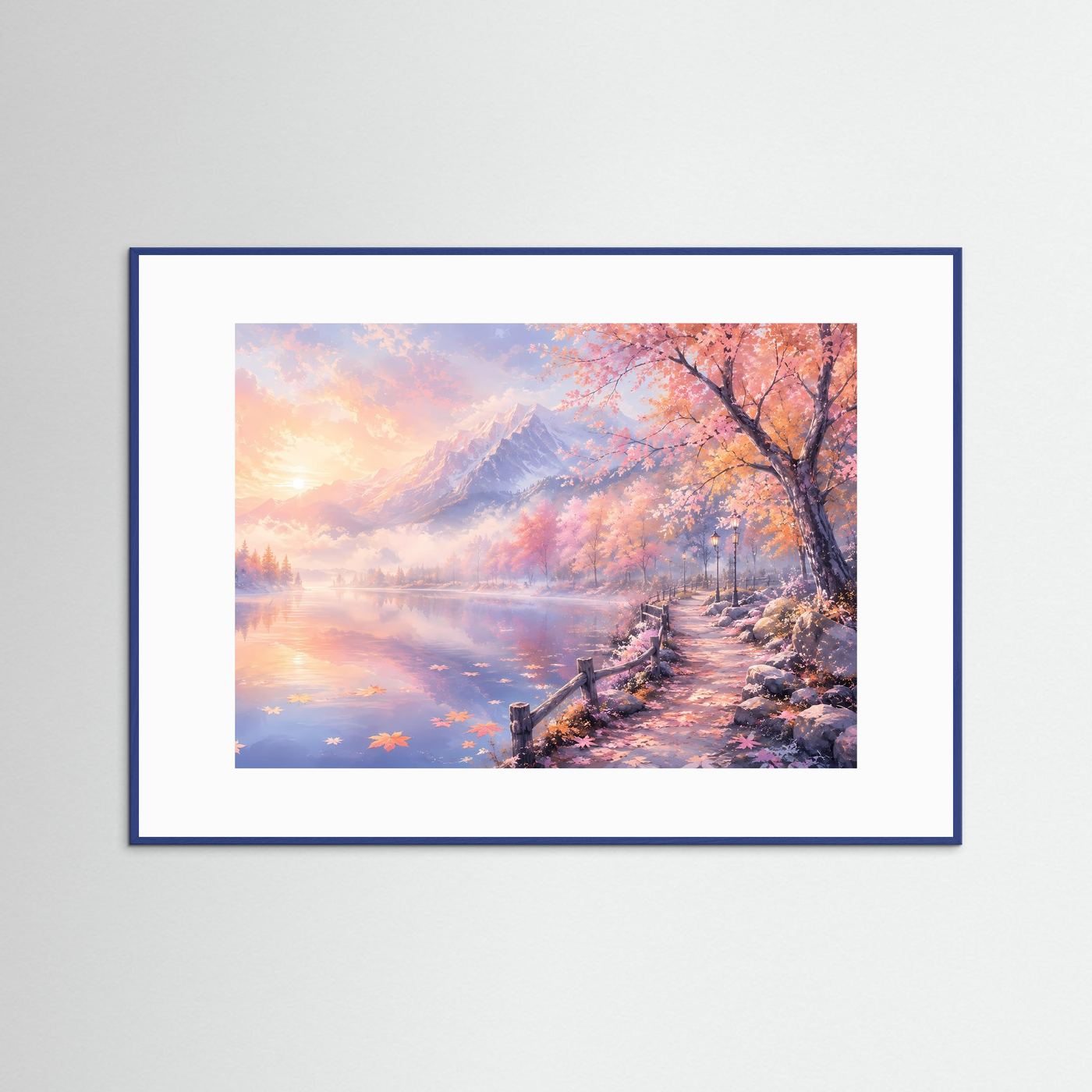 Pastell Alpen am Spiegelsee | Romantisches Berglandschaft Panorama Poster Querformat in Rosa & Gold