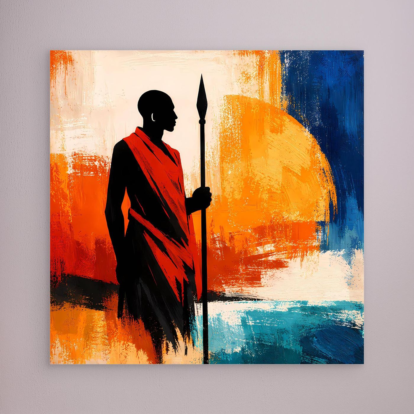 Leinwand Afrikanischer Krieger bei Sonnenuntergang | Modernes Ethno Silhouette Wandbild