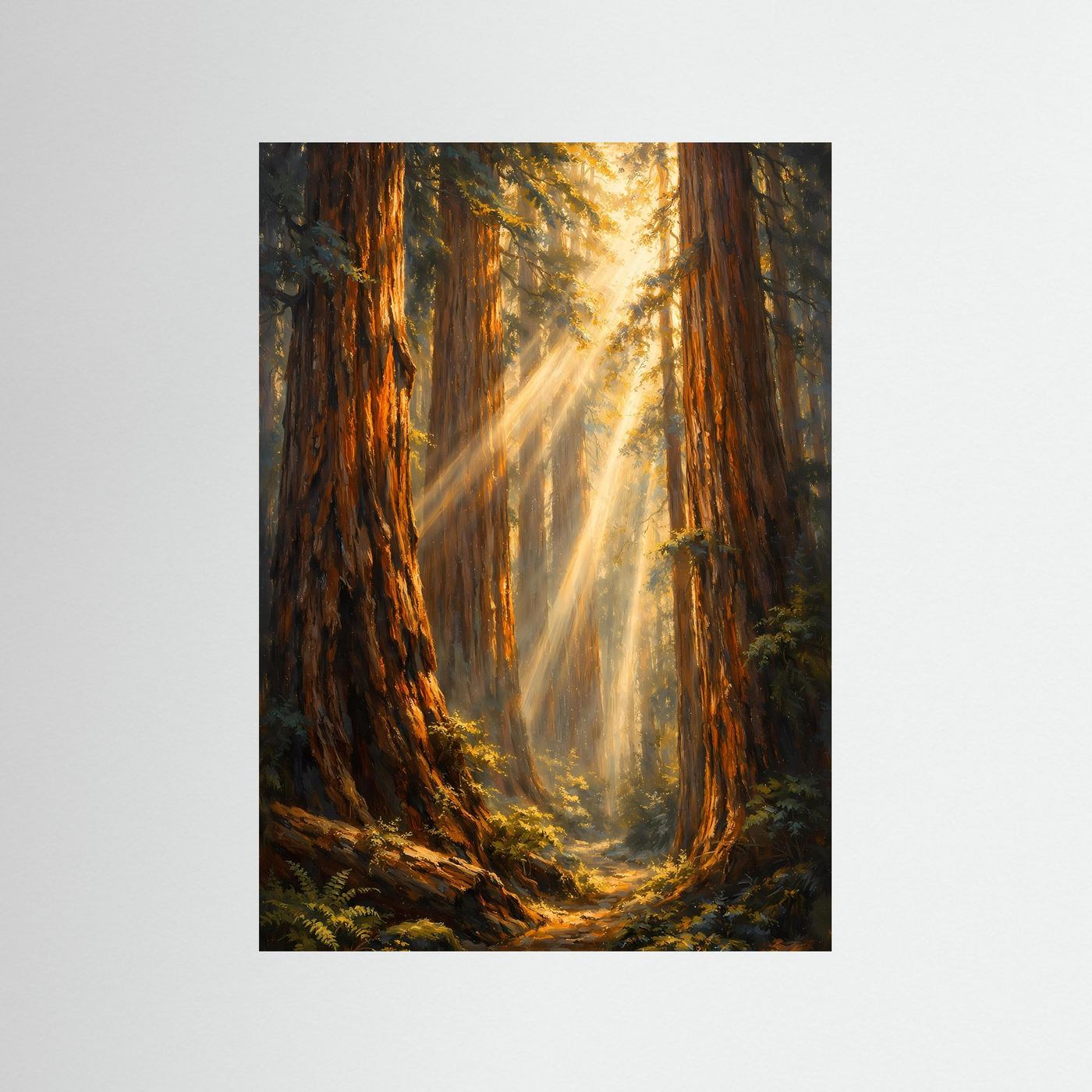 Hochkantiges Wandposter mit Redwood-Wald und goldenem Lichtstrahlen-Schein