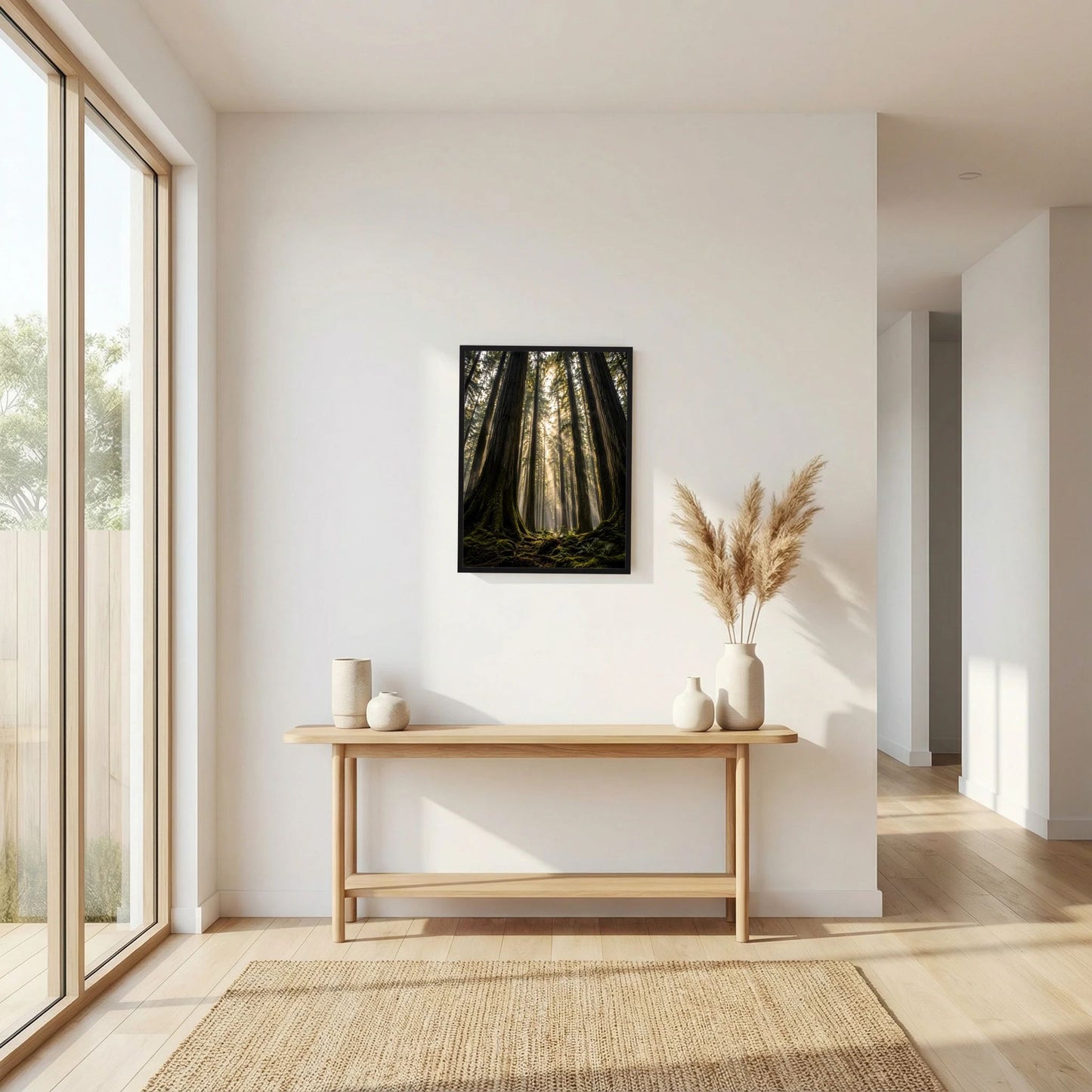 Wandposter mit Redwood-Wald und Sonnenstrahlen, schwarzer Rahmen.