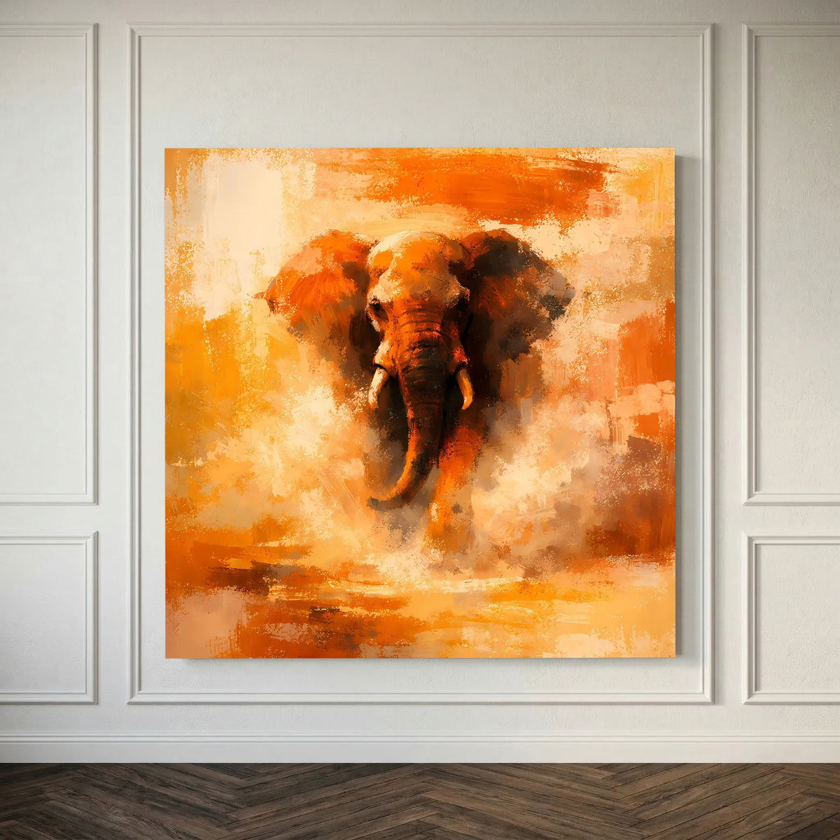 Leinwand Abstraktes Elefanten Gemälde | Modernes Kraftvolles Tier Wandbild Orange Ocker